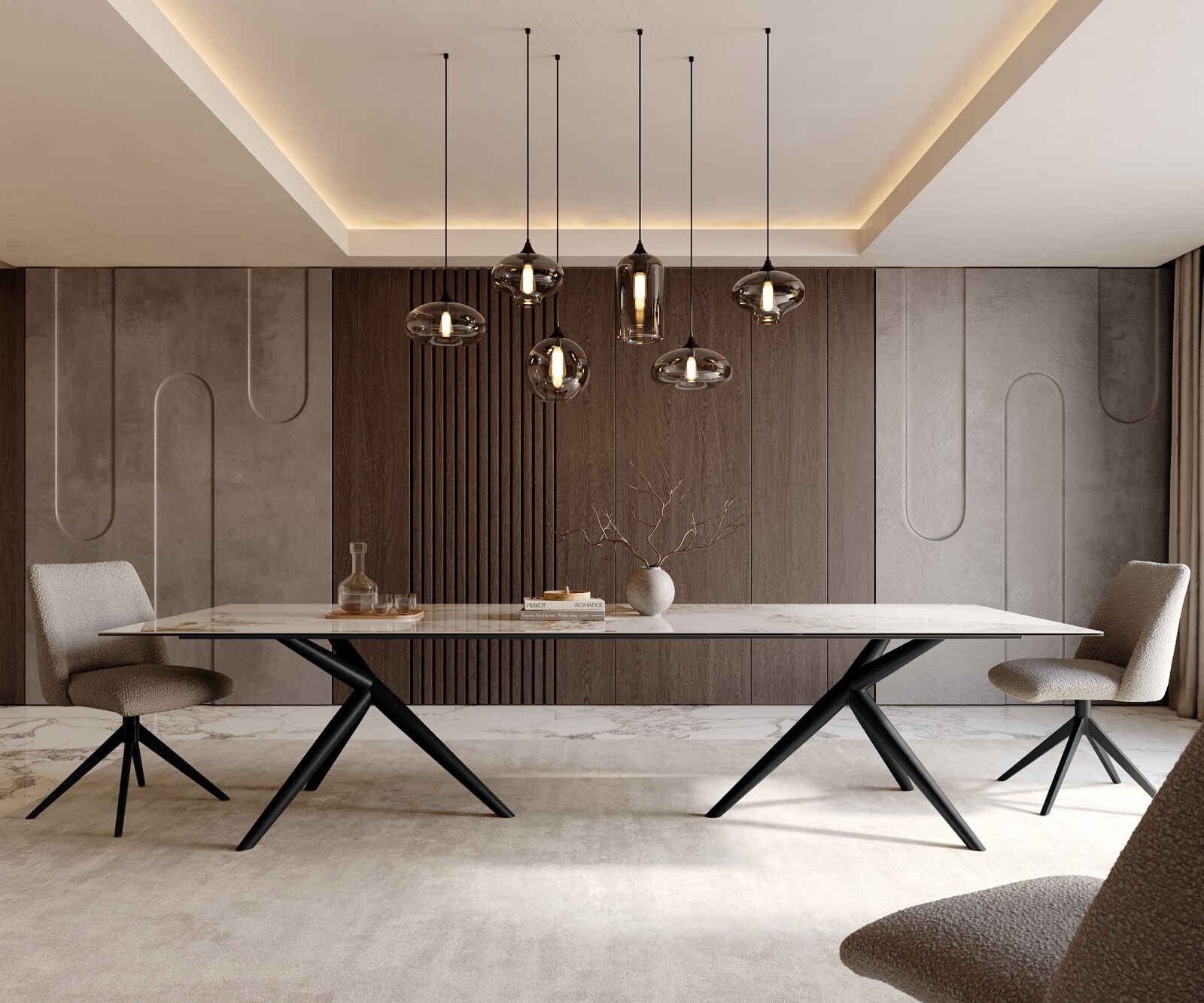 Esstisch Edge 300x100 Keramik Minas Melange Weiß-Beige Estelar rund Metall Schwarz 1