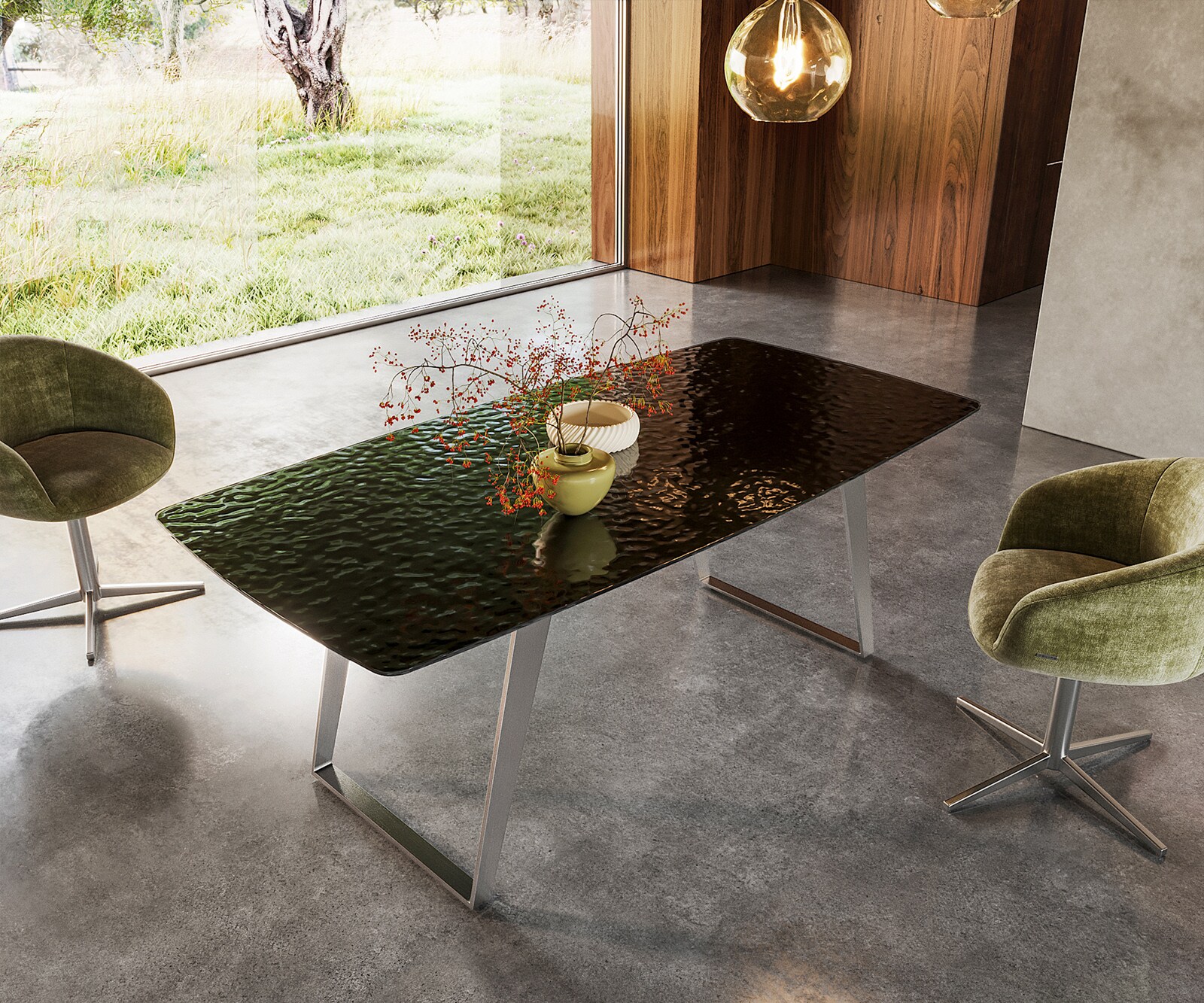 Table à manger Edge Boot 200x100 verre en relief noir 3D-Design acier inoxydable incliné