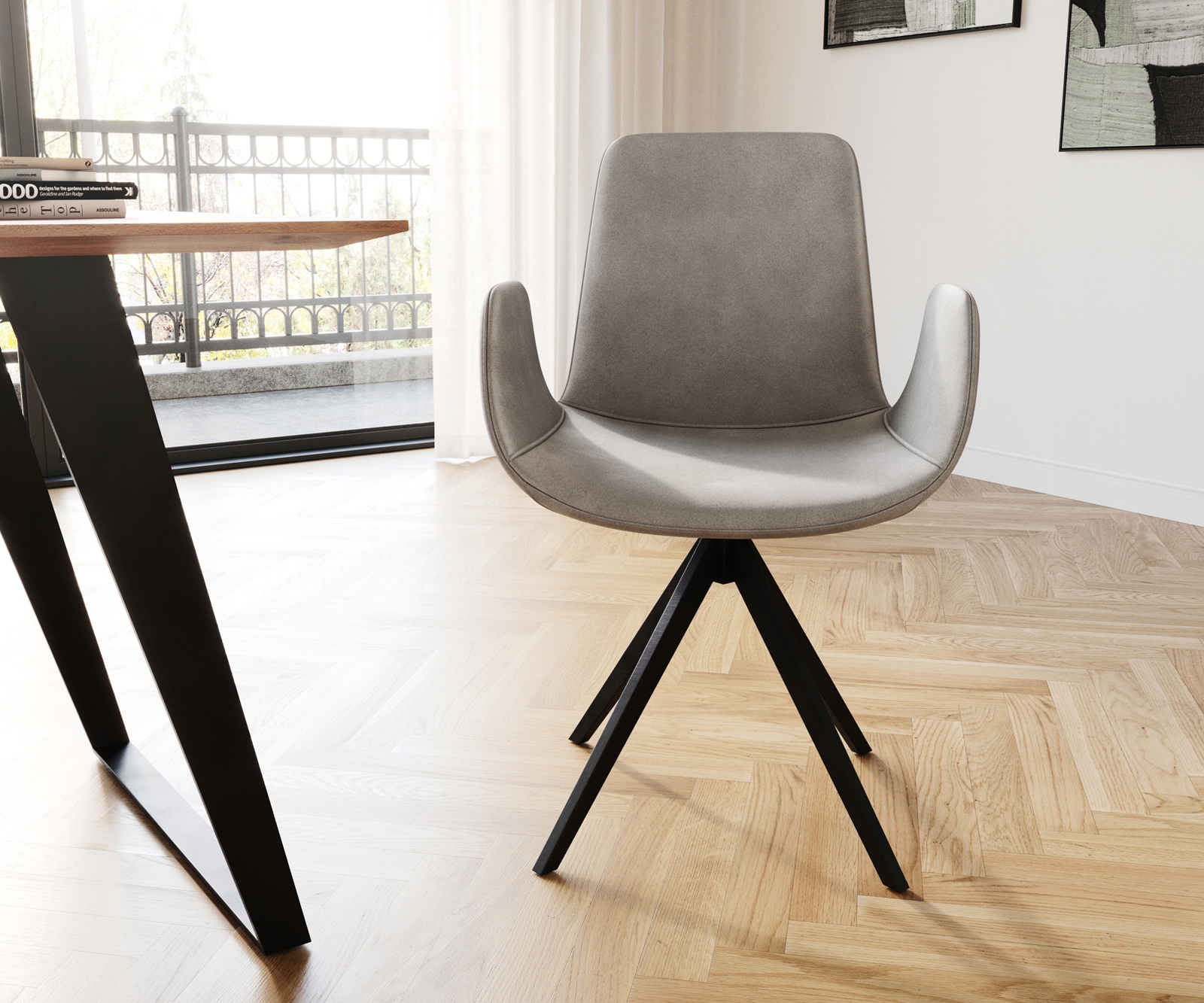 Esszimmerstuhl Ilia-Flex mit Armlehnen Samt Grau Kreuzgestell kantig Schwarz 1 Esszimmerstuhl Ilia-Flex mit Armlehnen Samt Grau Kreuzgestell kantig Schwarz 1