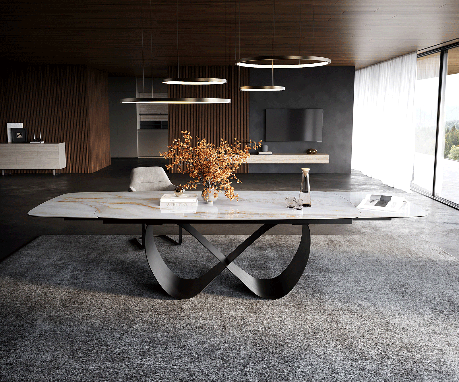 Esstisch Edge Boot 200-300x120 cm Keramik Onyx Pearl Infinity Metall Schwarz ausziehbar 1
