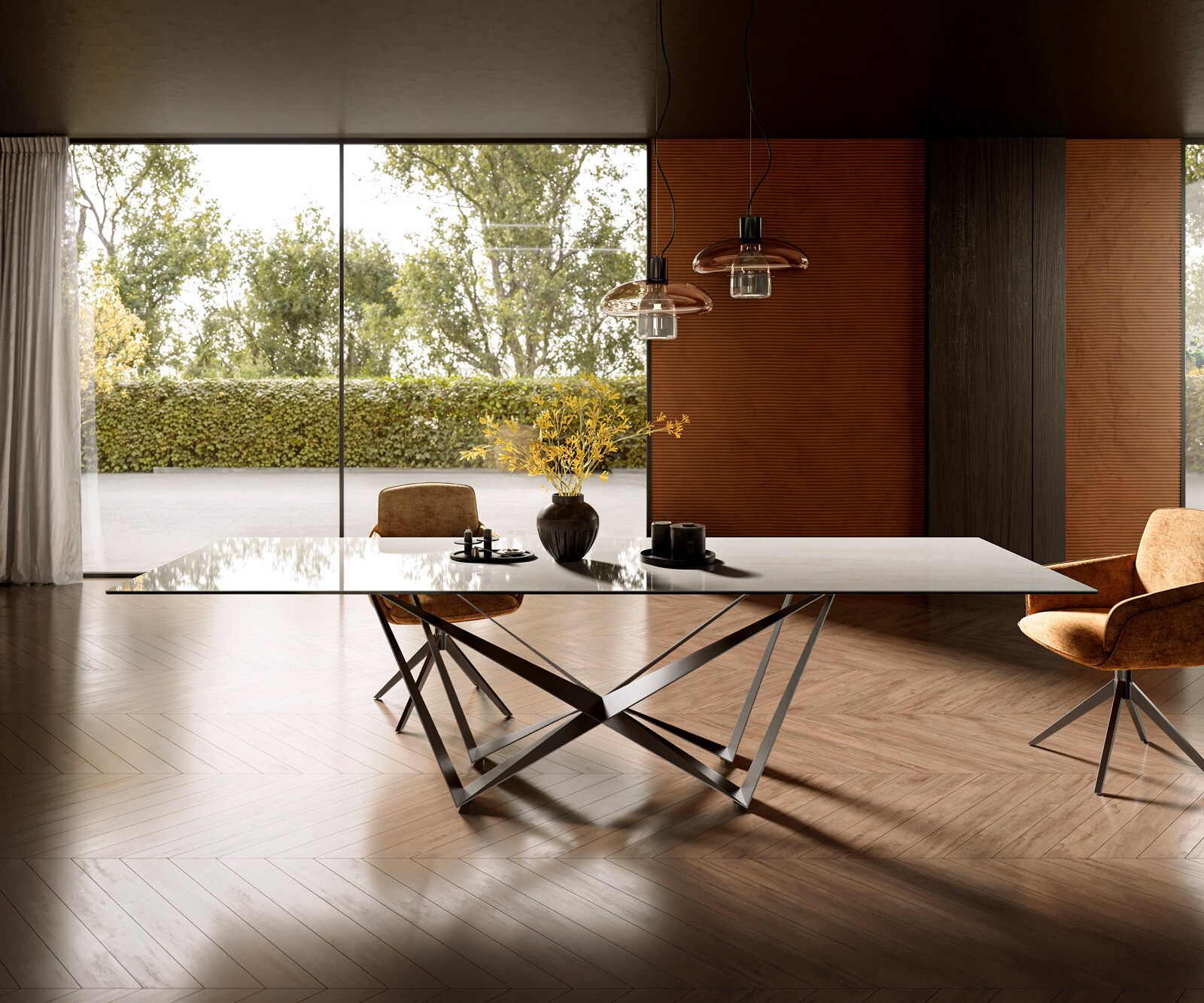 Esstisch Edge 300x100 cm Keramik Onyx Champagne Spider Flachstahl Edelstahl Graphit 2