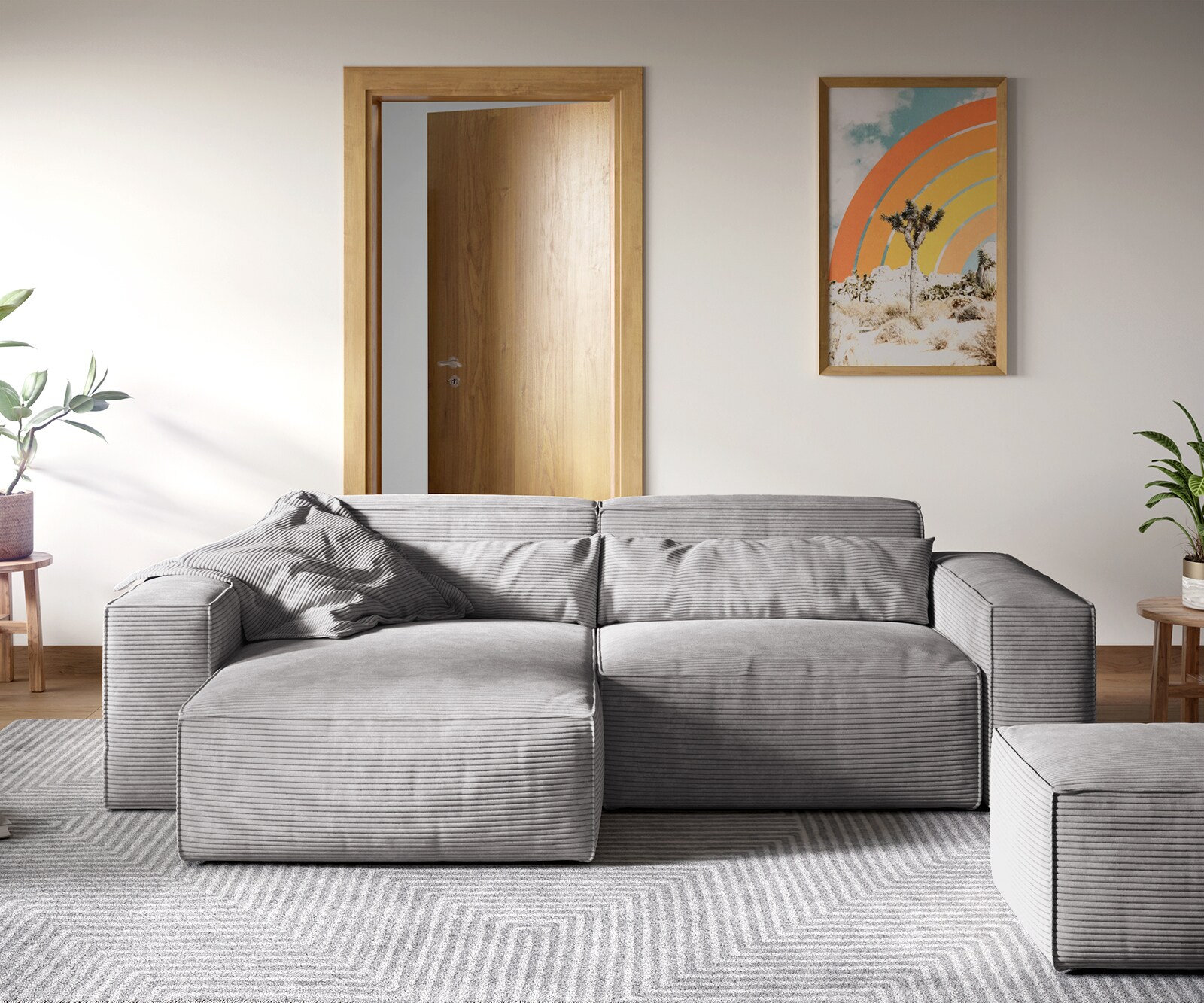 Ecksofa Sirpio XL 270x170 cm Cord Silbergrau Recamiere variabel mit Hocker 1