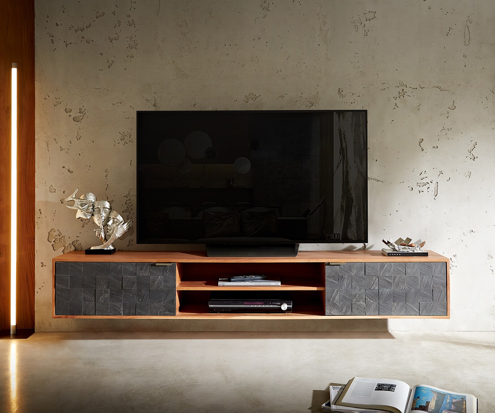 Lowboard Teele 200 cm Akazie Natur Schiefer 2 Türen schwebend 1 Lowboard Teele 200 cm Akazie Natur Schiefer 2 Türen schwebend 1