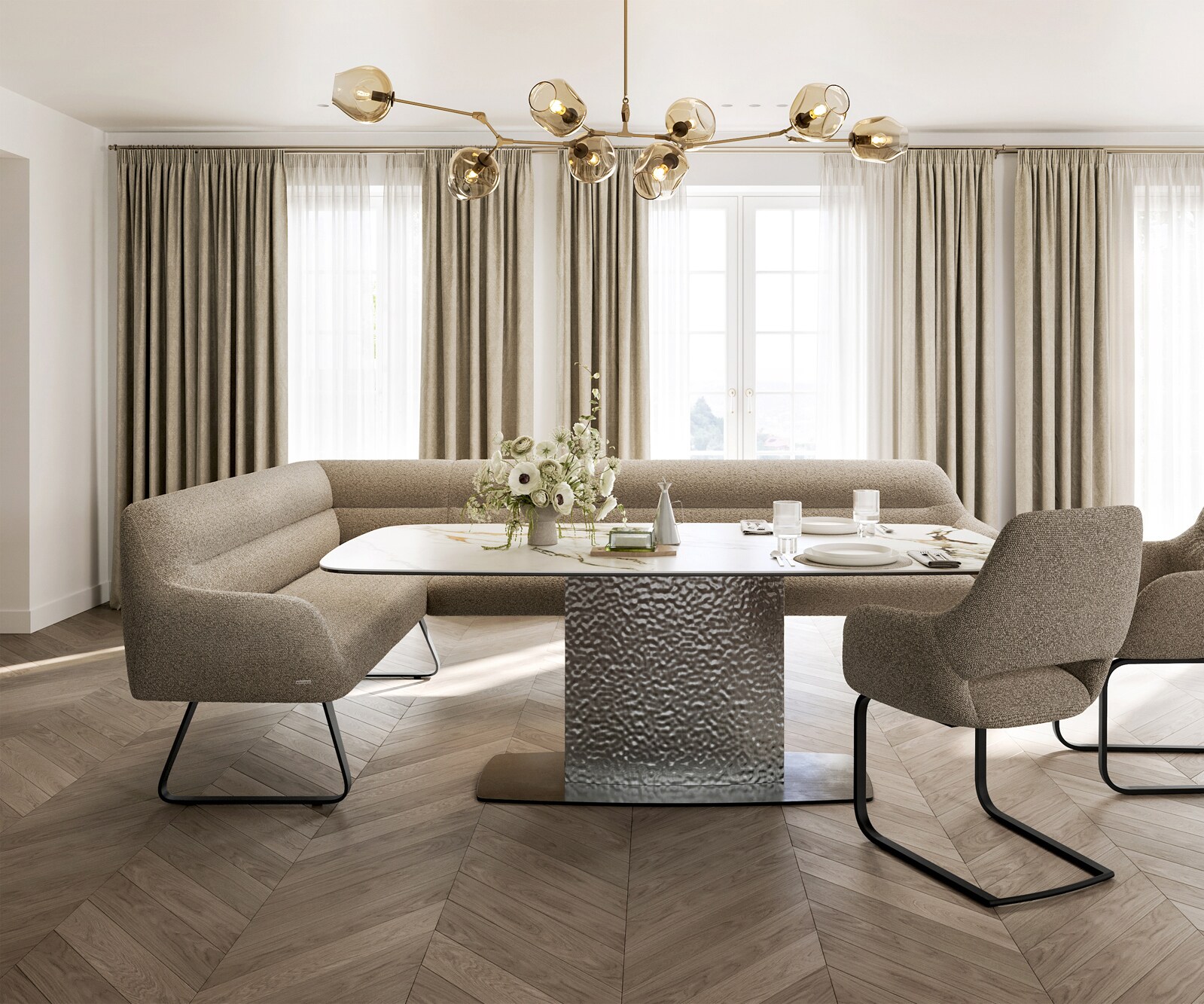 Banc-de-salle-à-manger Taya-Flex 285x190 cm bouclé boue châssis à patins plat noir ressort ensaché à droite 2