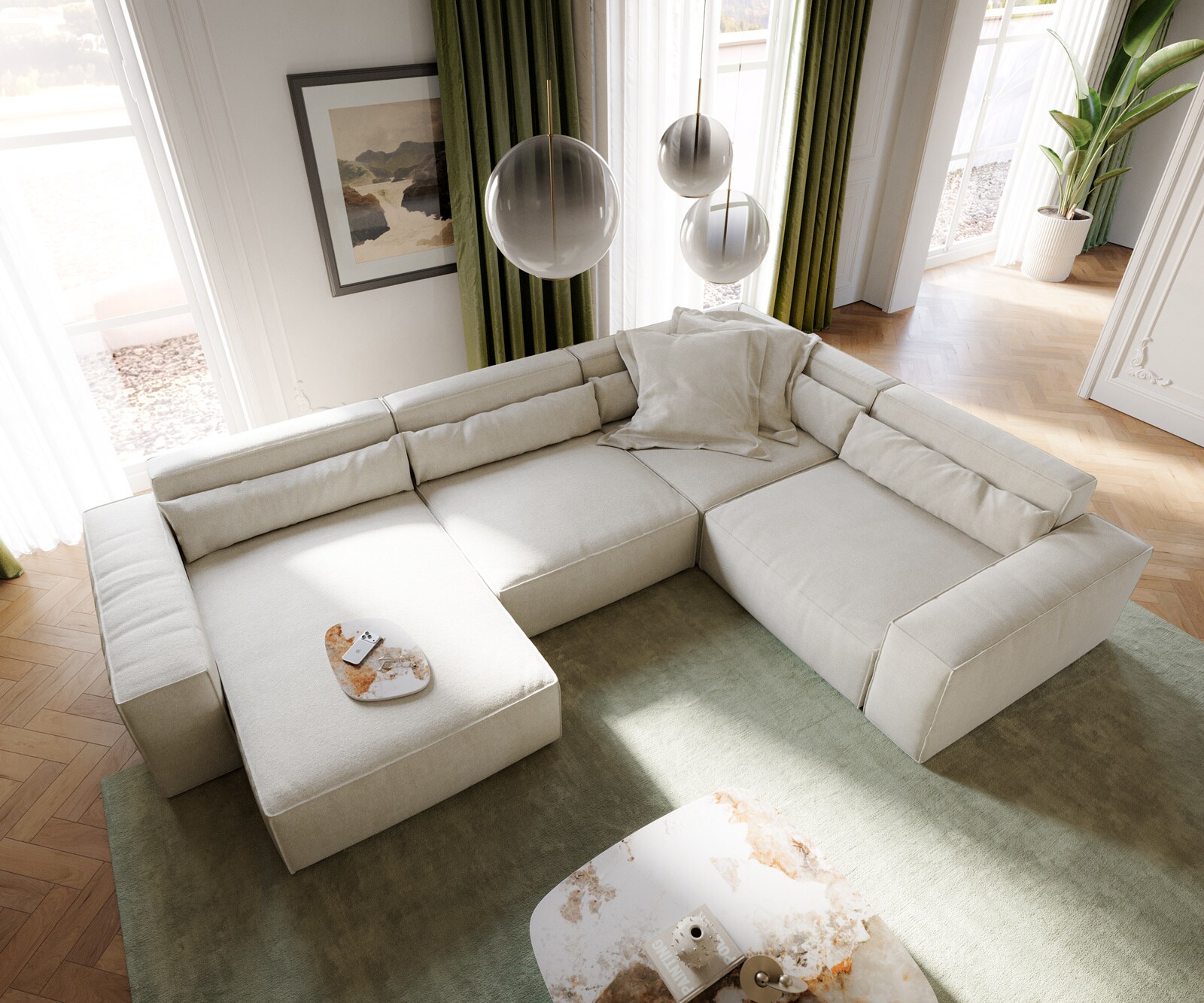 Canapé panoramique Sirpio XL 360x260 cm Tissu texturé doux Beige Méridienne modulable 3