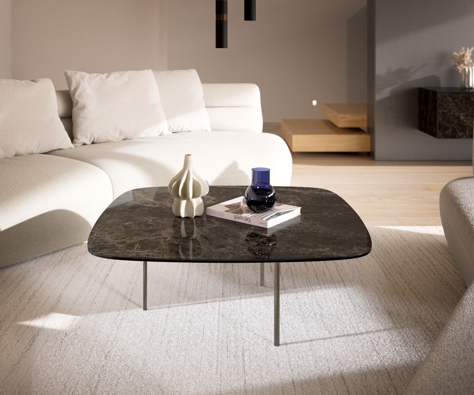 Couchtisch Edge Boot 90x90 cm Keramik Laminam® Emperador Extra Lucidato Dunkelbraun Trive Edelstahl gebürstet 2