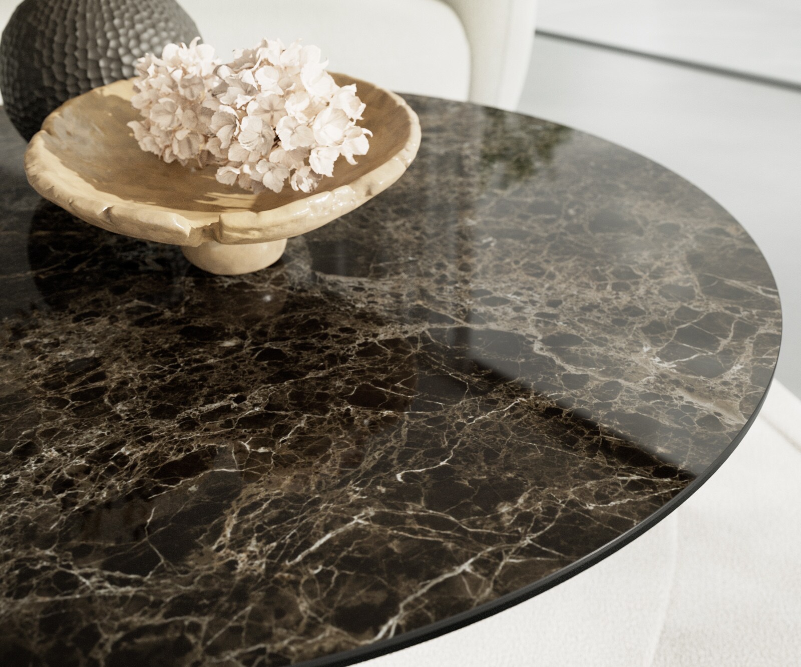 Table basse Edge rond 100x100 cm céramique Laminam® Emperador Extra Lucidato brun foncé Trive métal noir 4