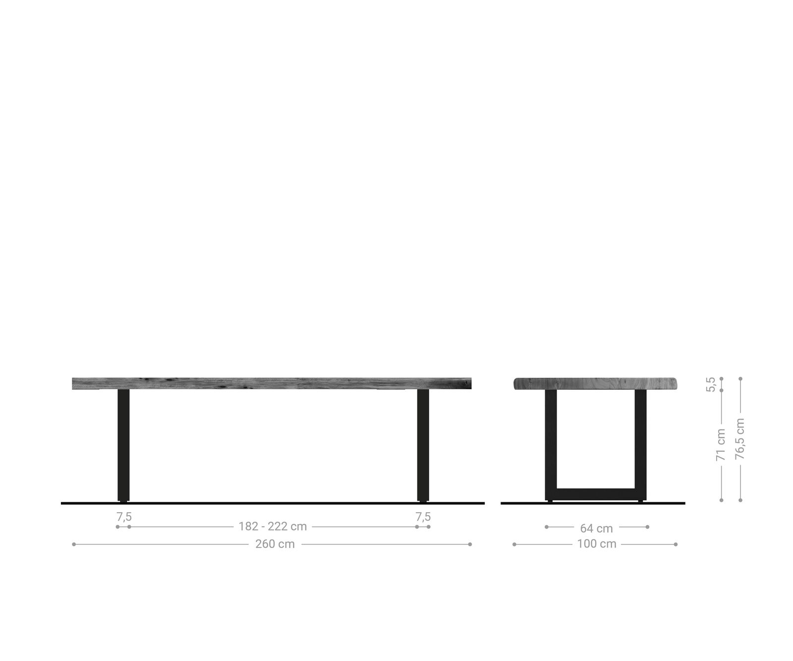 Esstisch Edge 260x100 XL Akazie Platin Edelstahl Breit Live-Edge 5