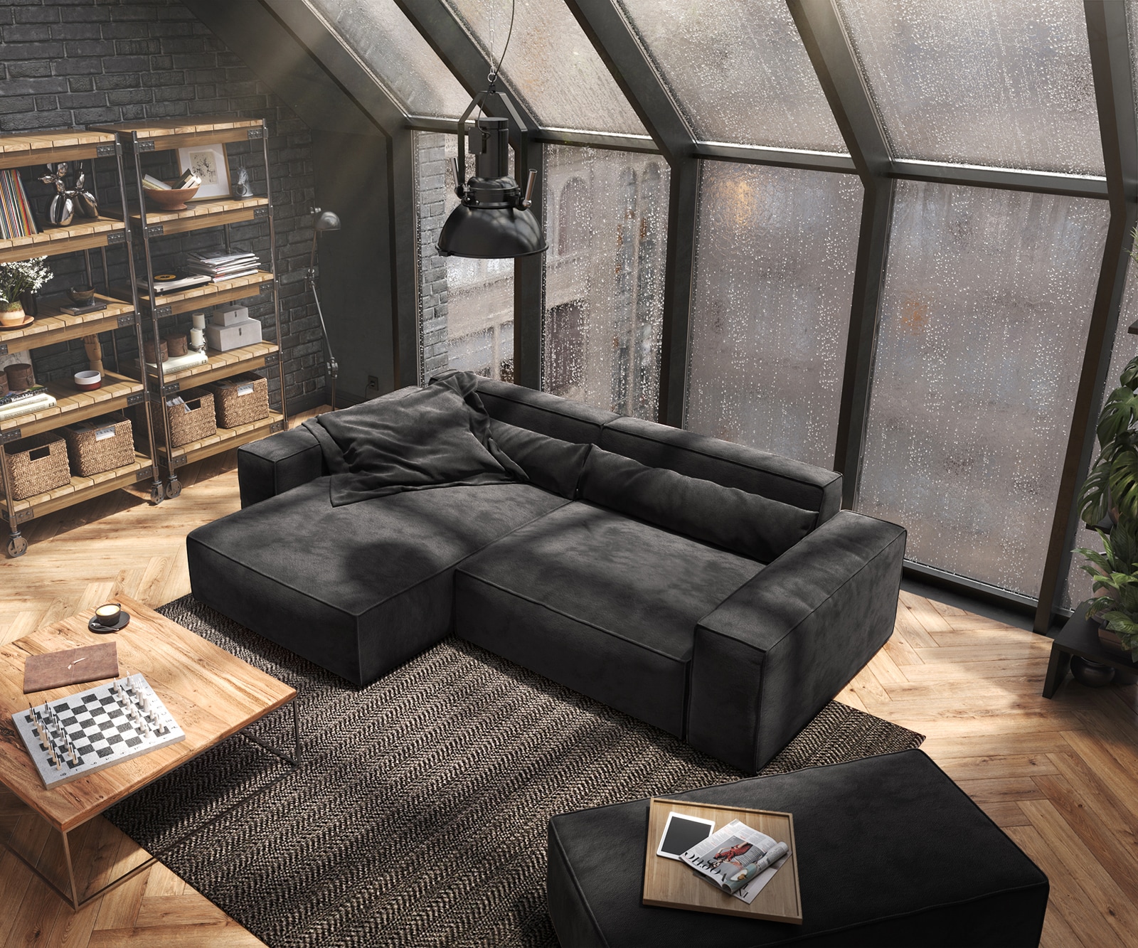 Eckcouch Sirpio XL Mikrofaser Schwarz 270x170 cm Recamiere variabel mit Hocker