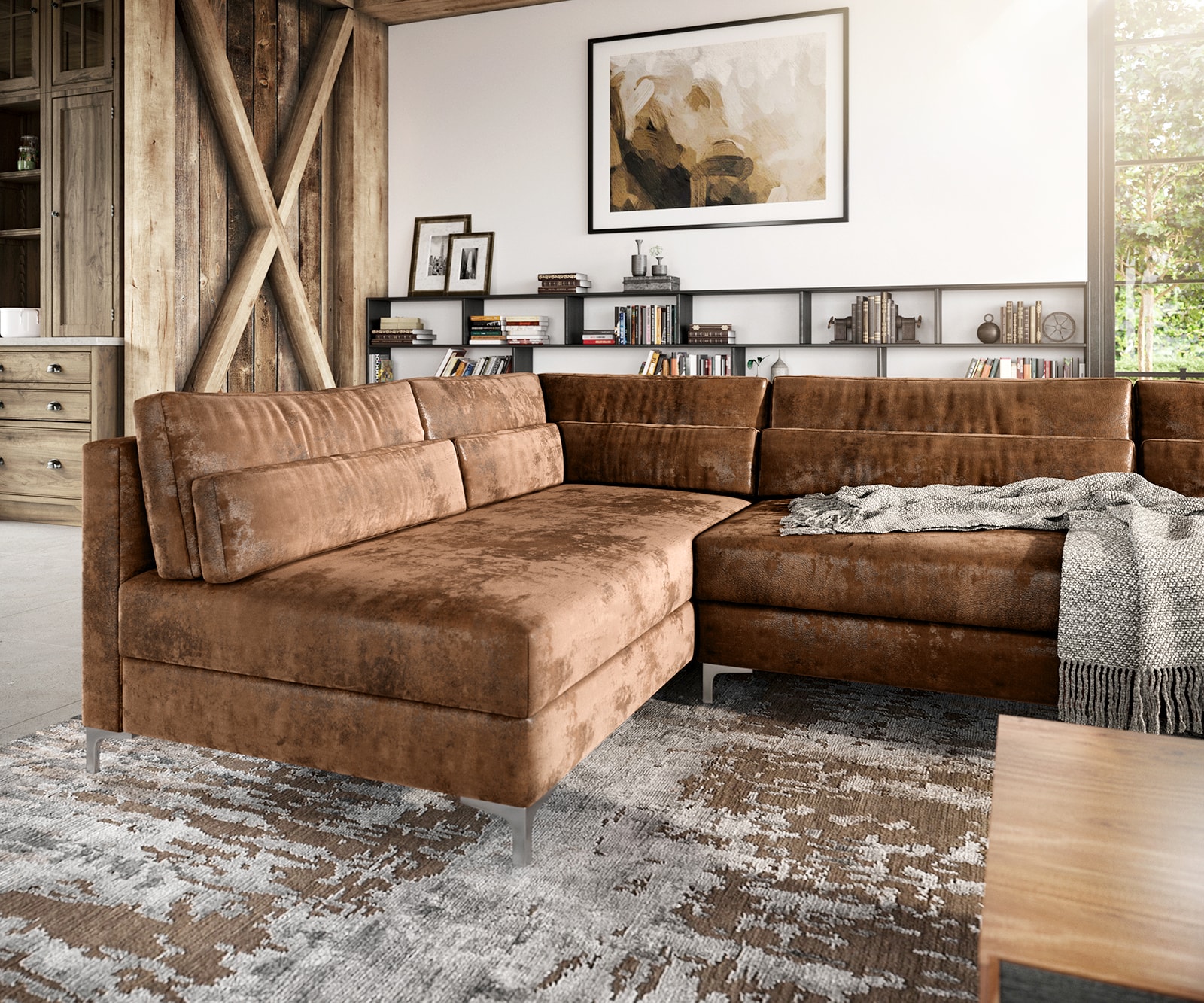 Wohnlandschaft Elio 300x185 cm Lederimitat Vintage Braun Antik mit Hocker 4 Wohnlandschaft Elio 300x185 cm Lederimitat Vintage Braun Antik mit Hocker 4