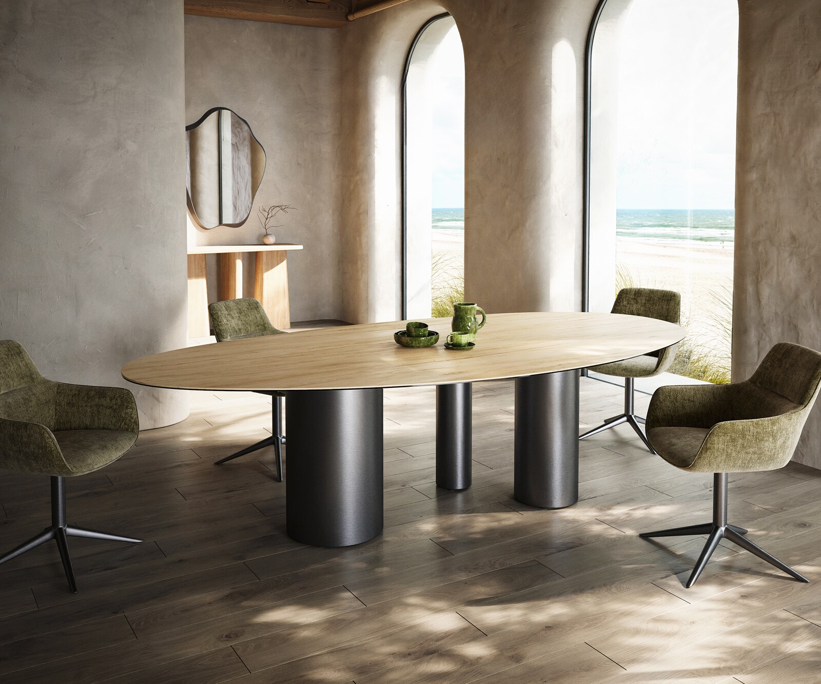 Esstisch Edge Oval 280x130 Keramik Laminam® Sabbia Eichefarbig Troa Edelstahl Graphit 1