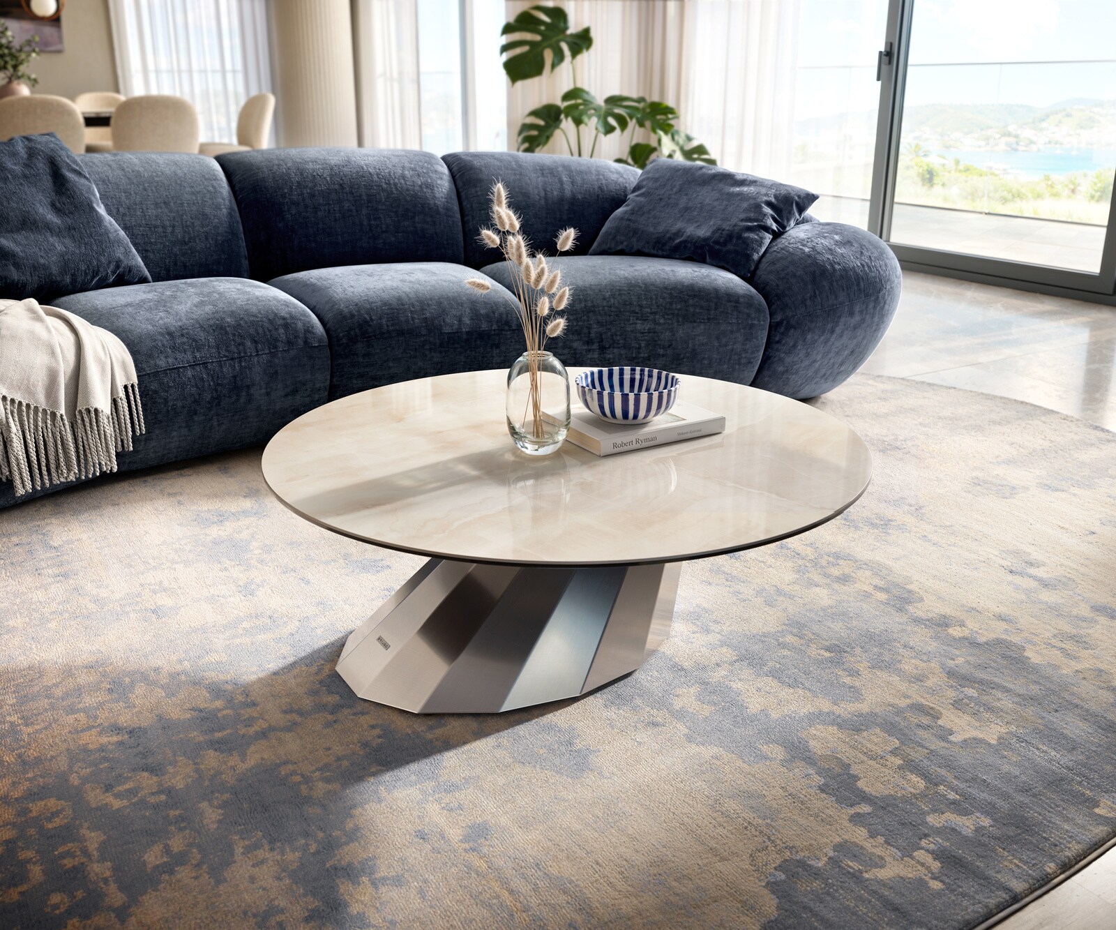 Table basse Edge ronde 100x100 cm céramique Onyx Champagne Parabi acier inoxydable brossé