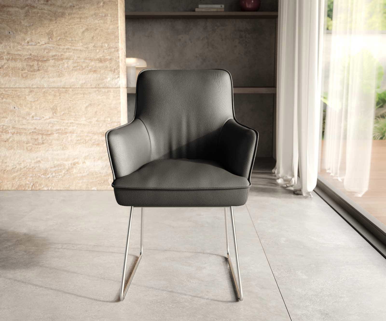 Esszimmerstuhl Heira-Flex mit Armlehnen Echt-Leder Schwarz Kufengestell Edelstahl Taschenfederkern 1 Esszimmerstuhl Heira-Flex mit Armlehnen Echt-Leder Schwarz Kufengestell Edelstahl Taschenfederkern 1