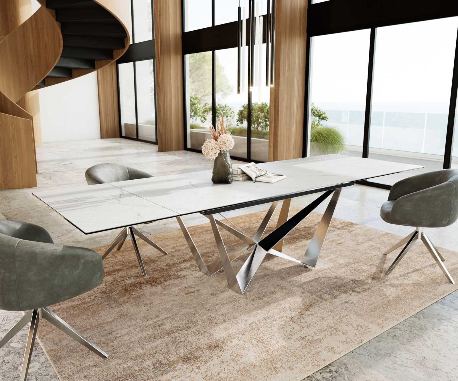 Table à manger Edge 200-300x100 céramique Laminam®Statuarietto blanc Spider acier plat acier inoxydable extensible 8