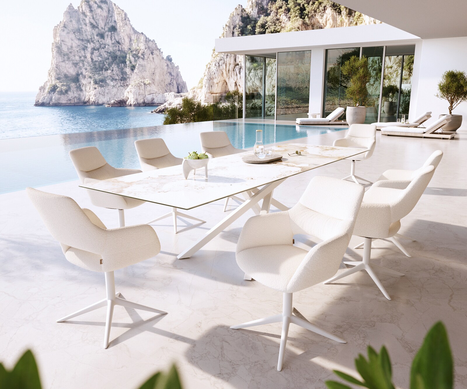 Chaise-d'extérieur Yago-Flex avec accoudoirs bouclé blanc pied de chaise 4 branches blanc pivotement sur 360° fonction bascule 3