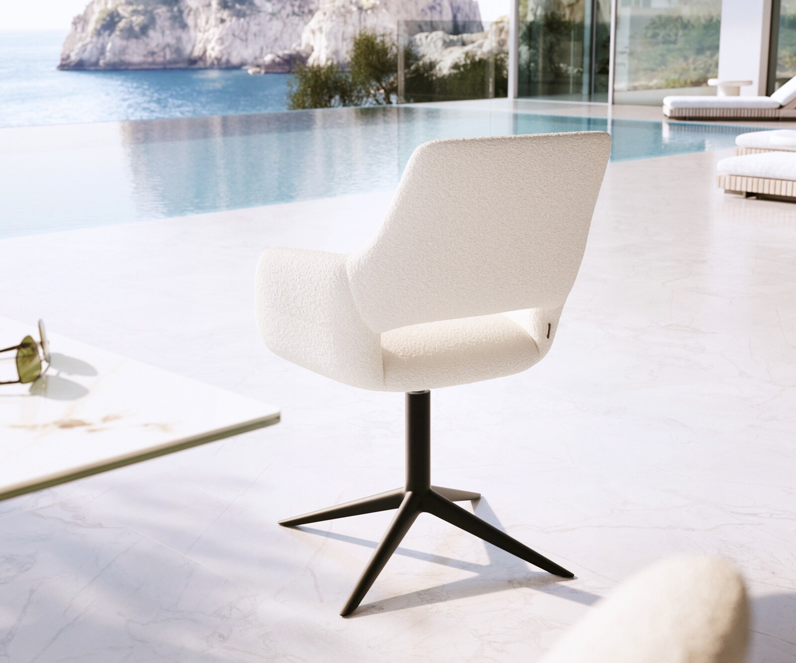 Chaise-d'extérieur Yago-Flex avec accoudoirs bouclé blanc pied de chaise 4 branches noir pivotement sur 360° fonction bascule 4