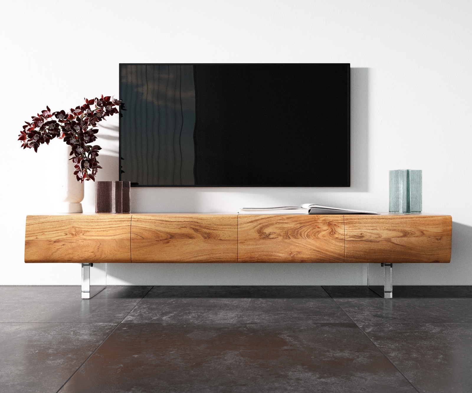 Meuble -TV New Live-Edge 175 cm acacia naturel 4 portes pied acrylique 3 Meuble -TV New Live-Edge 175 cm acacia naturel 4 portes pied acrylique 3