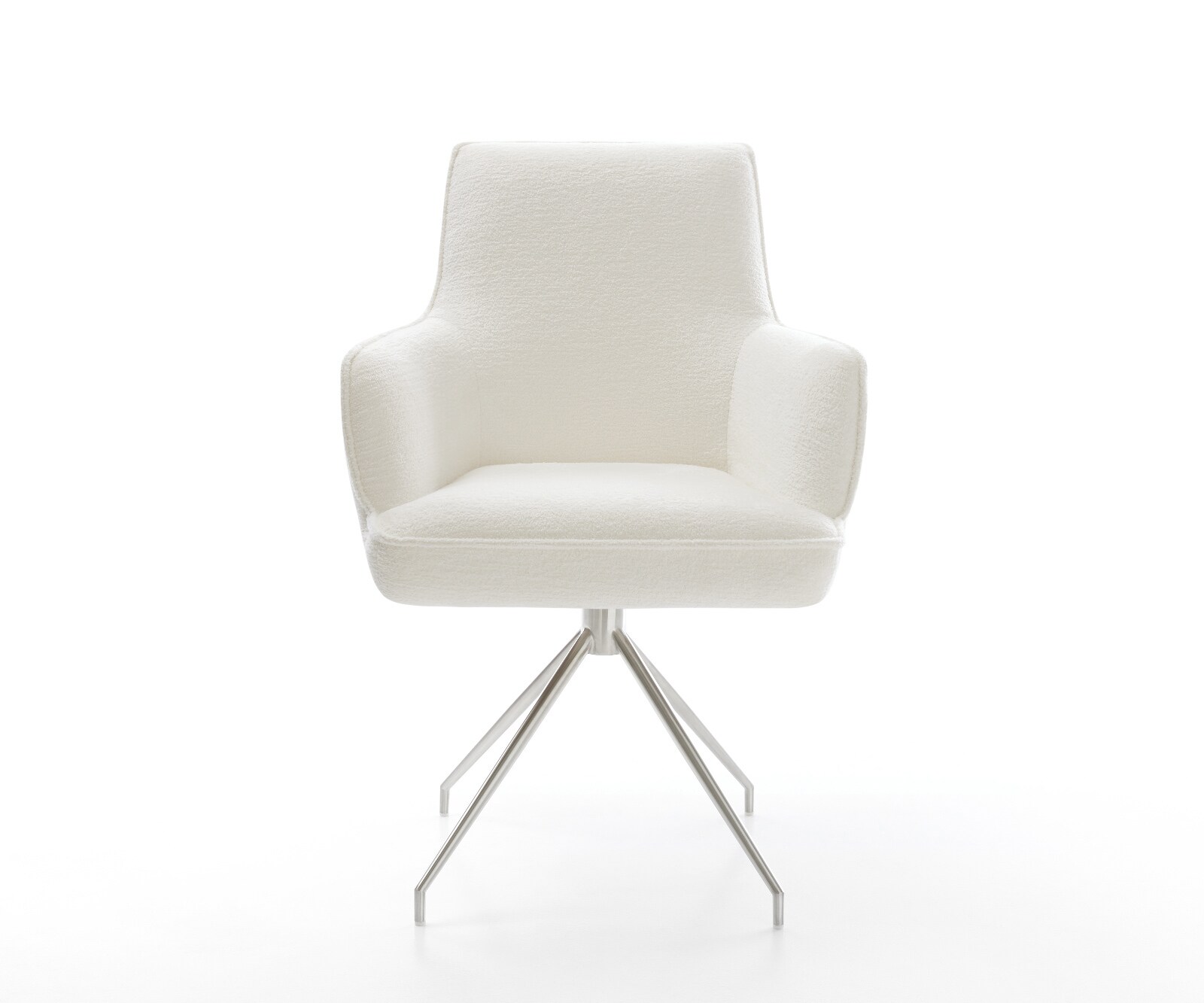 Esszimmerstuhl Heira-Flex mit Armlehnen Bouclé Soft Beige Kreuzgestell konisch Edelstahl Taschenfederkern 2
