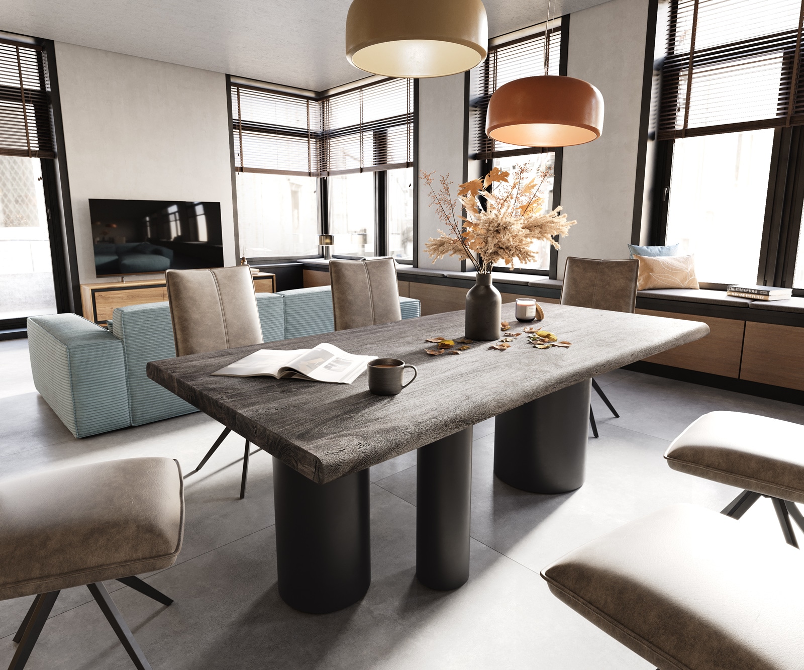 Esstisch Edge 200x100 XL Akazie Platin Troa Metall Schwarz Live-Edge 1