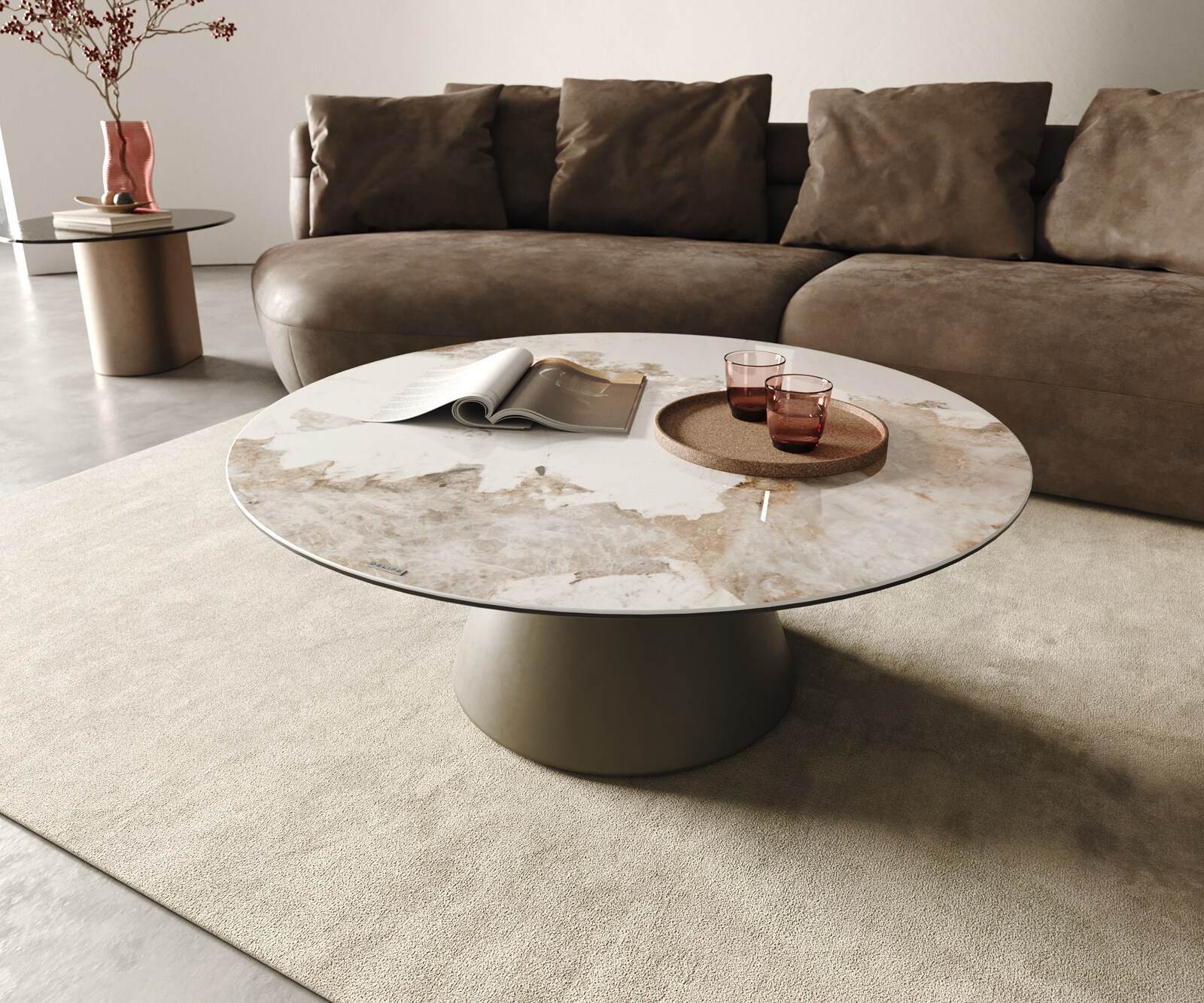 Table-basse Borna 100x100 cm Céramique Minas Melange Blanc-Beige Piétement Conique Finition Effet Titane 1