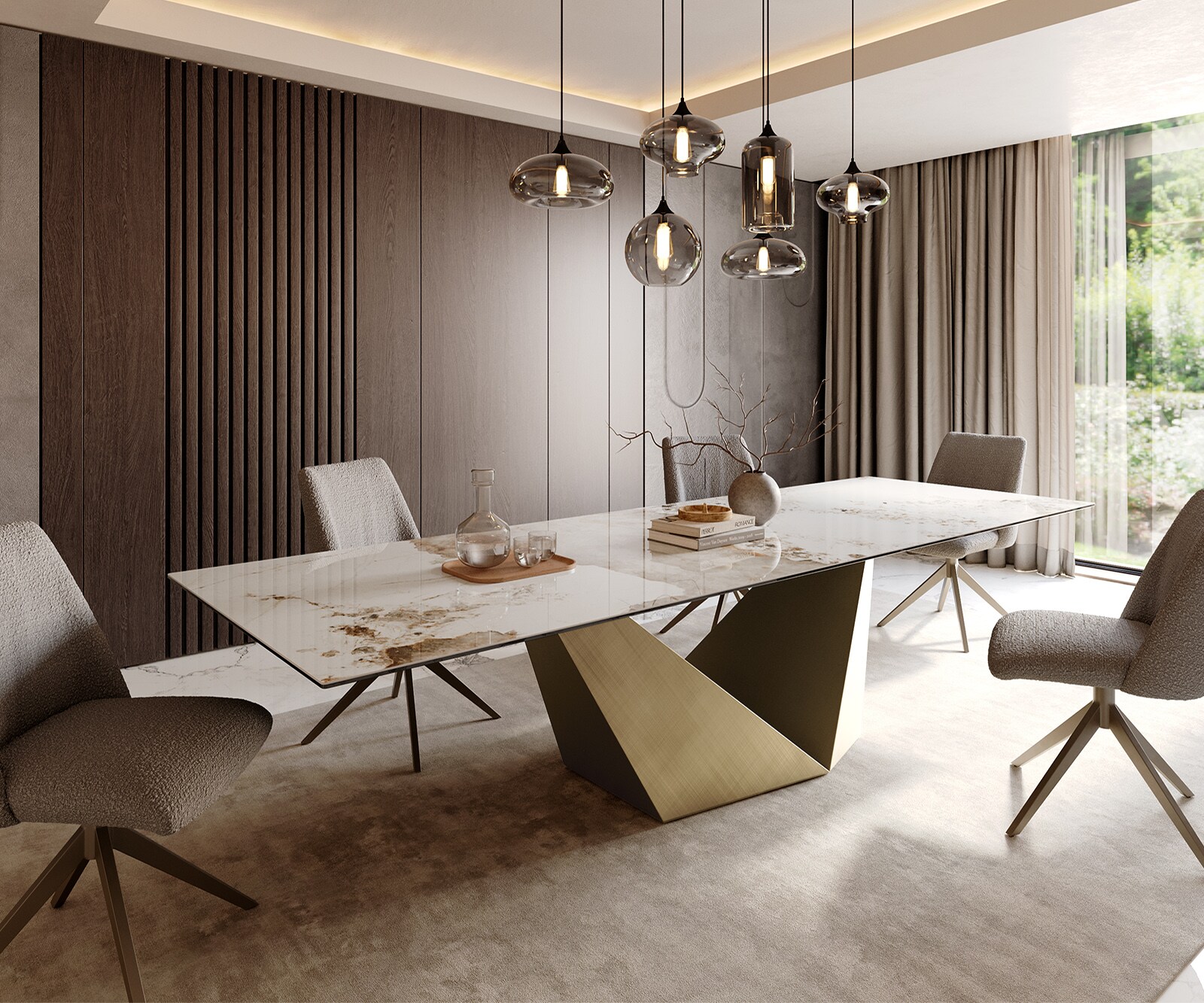 Esstisch Edge 300x100 Keramik Minas Melange Weiß-Beige Prisma Metallic Gold 2