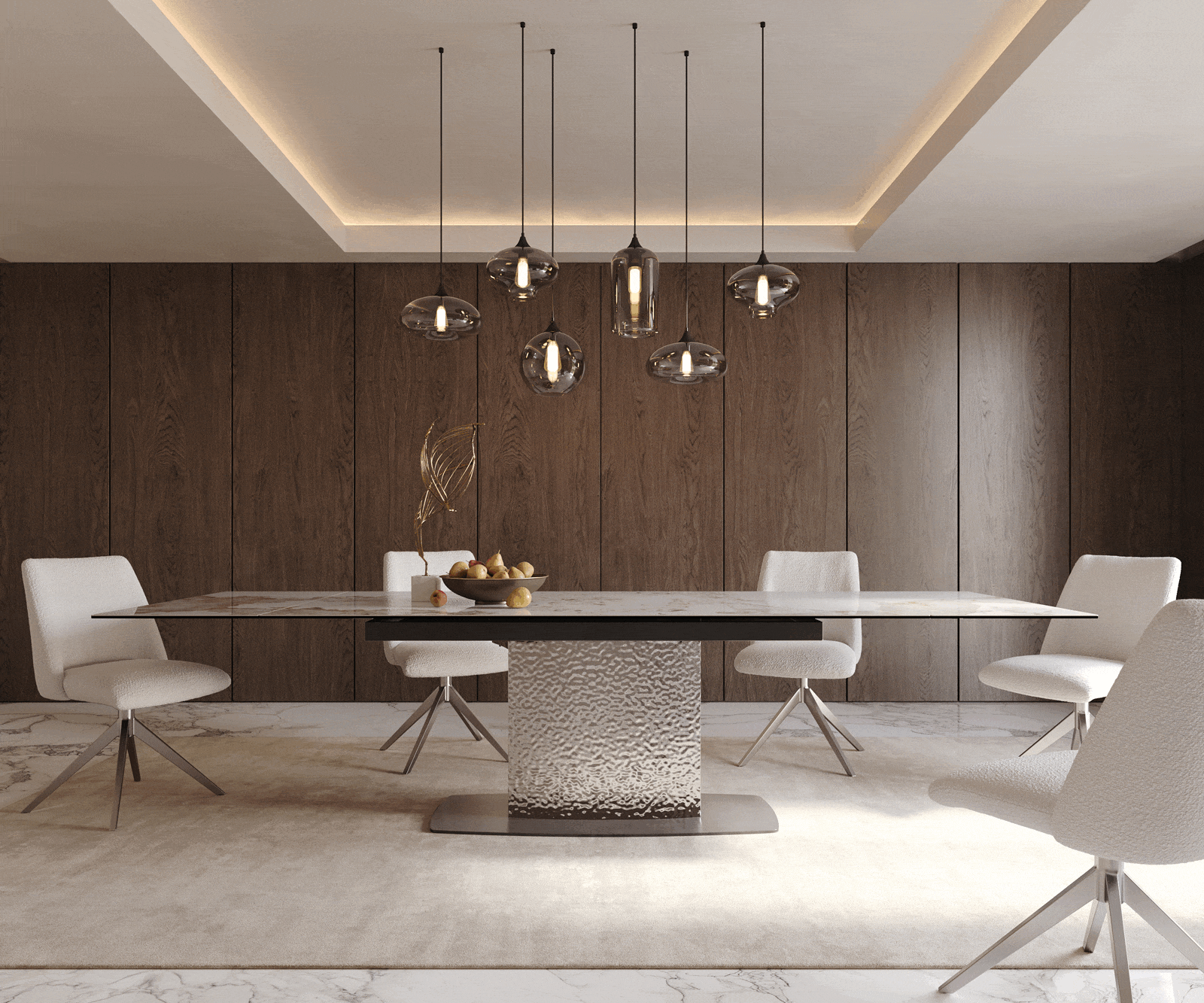 Table à manger Edge 200-300x100 céramique Minas mélange blanc-beige Wave acier inoxydable extensible 1