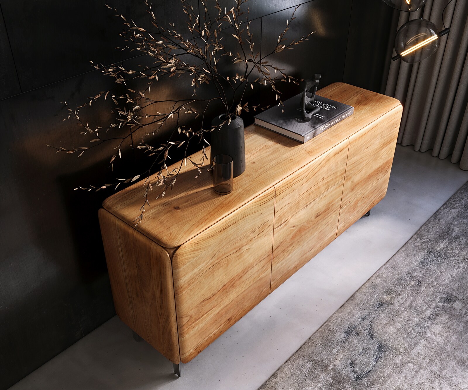 Sideboard Shavani 175 cm Akazie Natur 2 Türen 3 Schubladen L-Fuß Edelstahl Silber 3