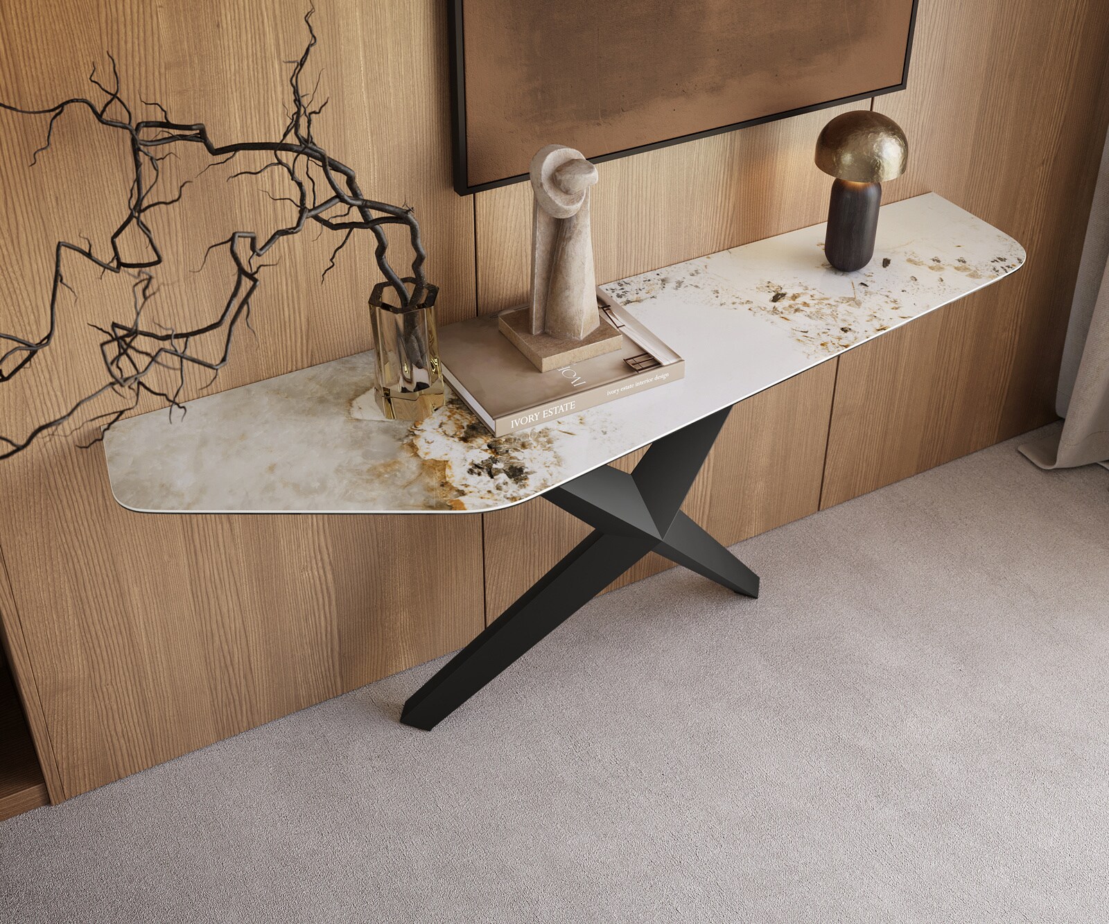 Console Edge Polygonal 180x50 cm Céramique Minas Melange Weiß-Beige Zentharo Métal Noir 2