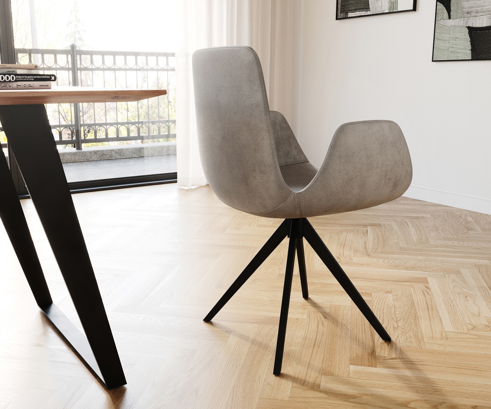 Esszimmerstuhl Ilia-Flex mit Armlehnen Samt Grau Kreuzgestell kantig Schwarz 4 Esszimmerstuhl Ilia-Flex mit Armlehnen Samt Grau Kreuzgestell kantig Schwarz 4