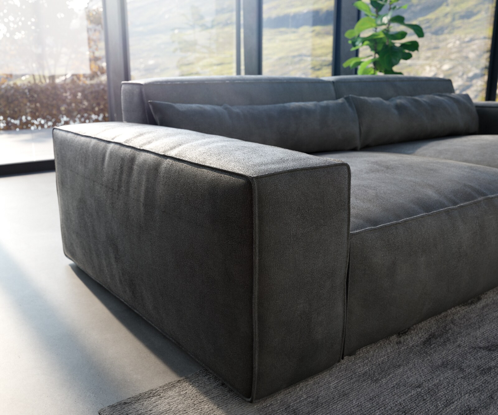 Big-Sofa Sirpio XL 270x130 cm Lederimitat Vintage Anthrazit mit Hocker 4
