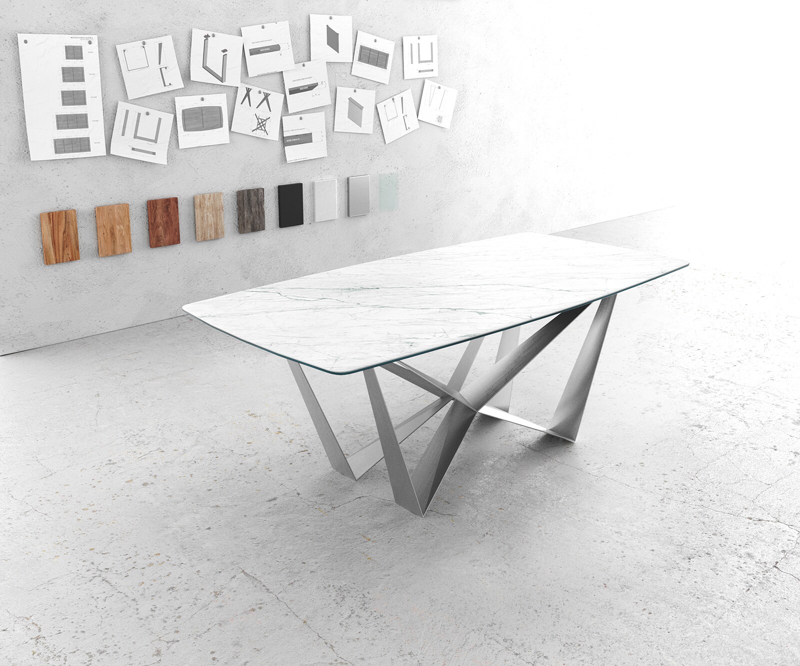 Table-à-manger Edge forme Boot 200x100cm Laminam® céramique blanc pieds milieu acier plat argent 1