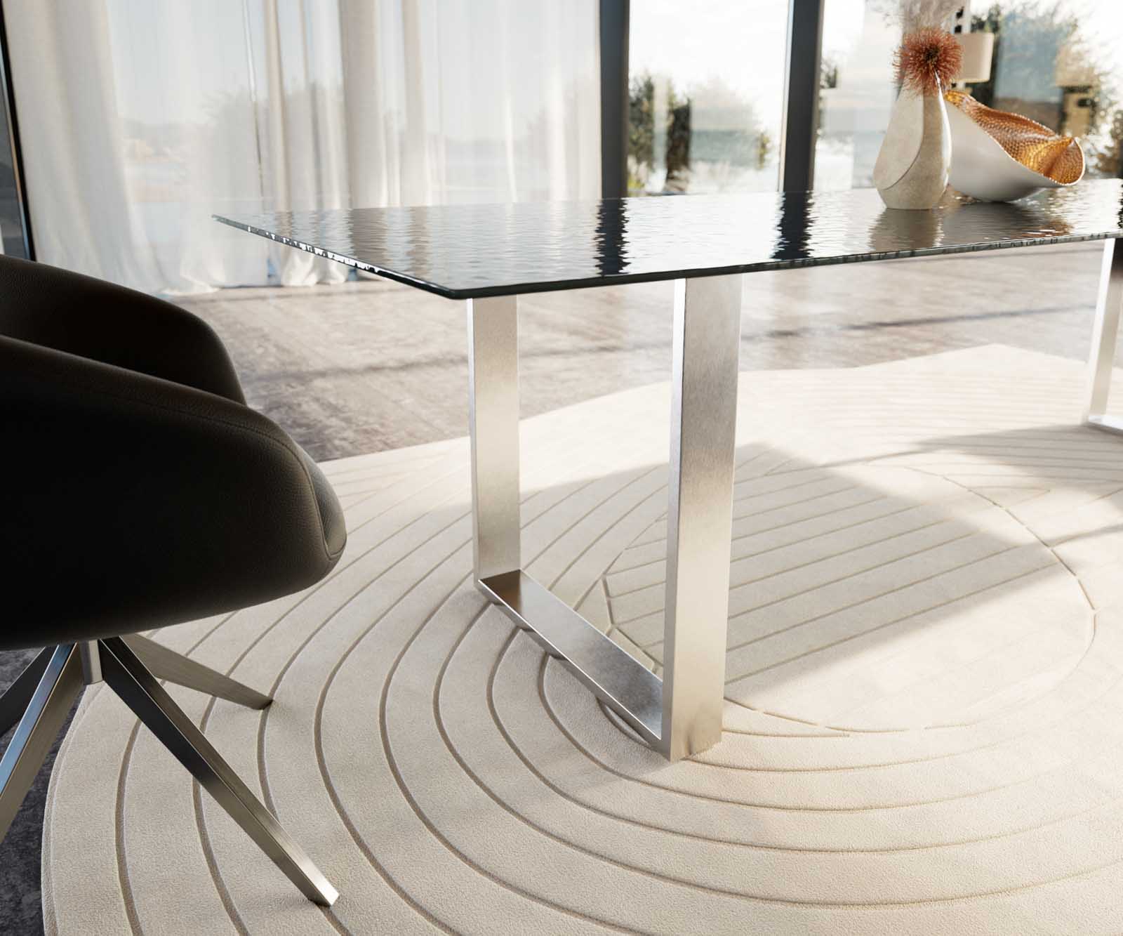 Esstisch Edge 300x100 Reliefglas Rauchschwarz 3D-Design Edelstahl Schmal 6