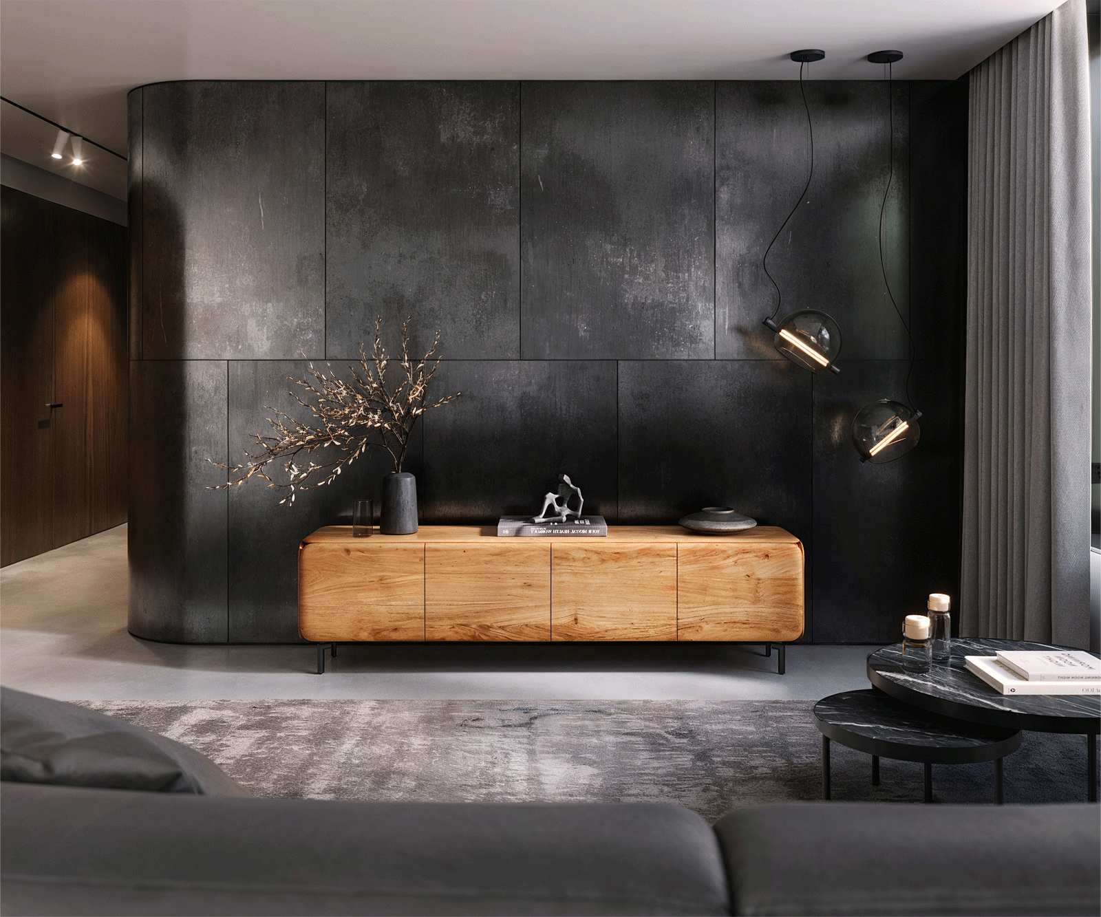 Meuble-TV Shavani 175 cm acacia naturel 2 portes 2 tiroirs métal noir 5