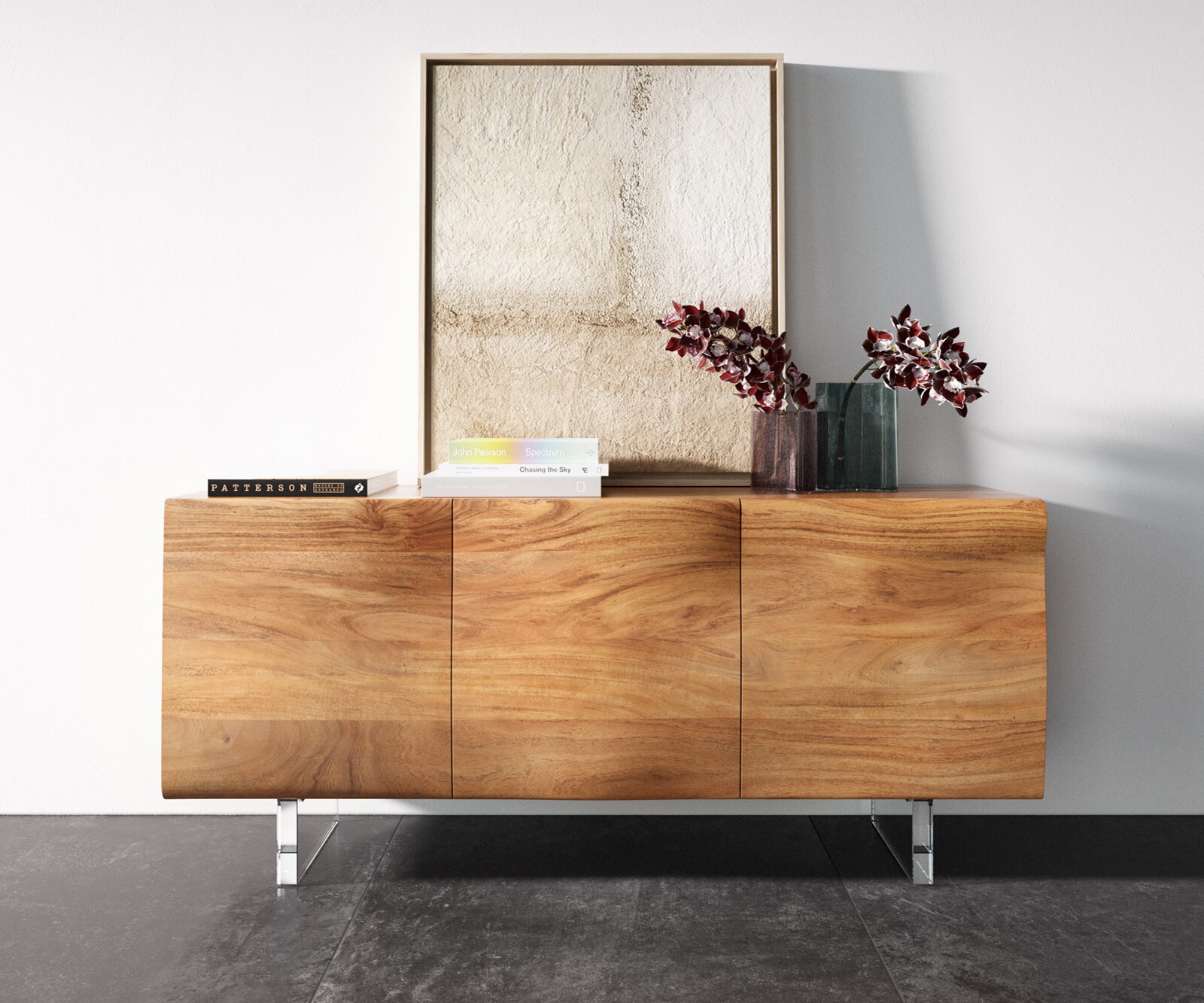 Sideboard New Live-Edge 145 cm Akazie Natur 3 Türen Acrylfuß 3
