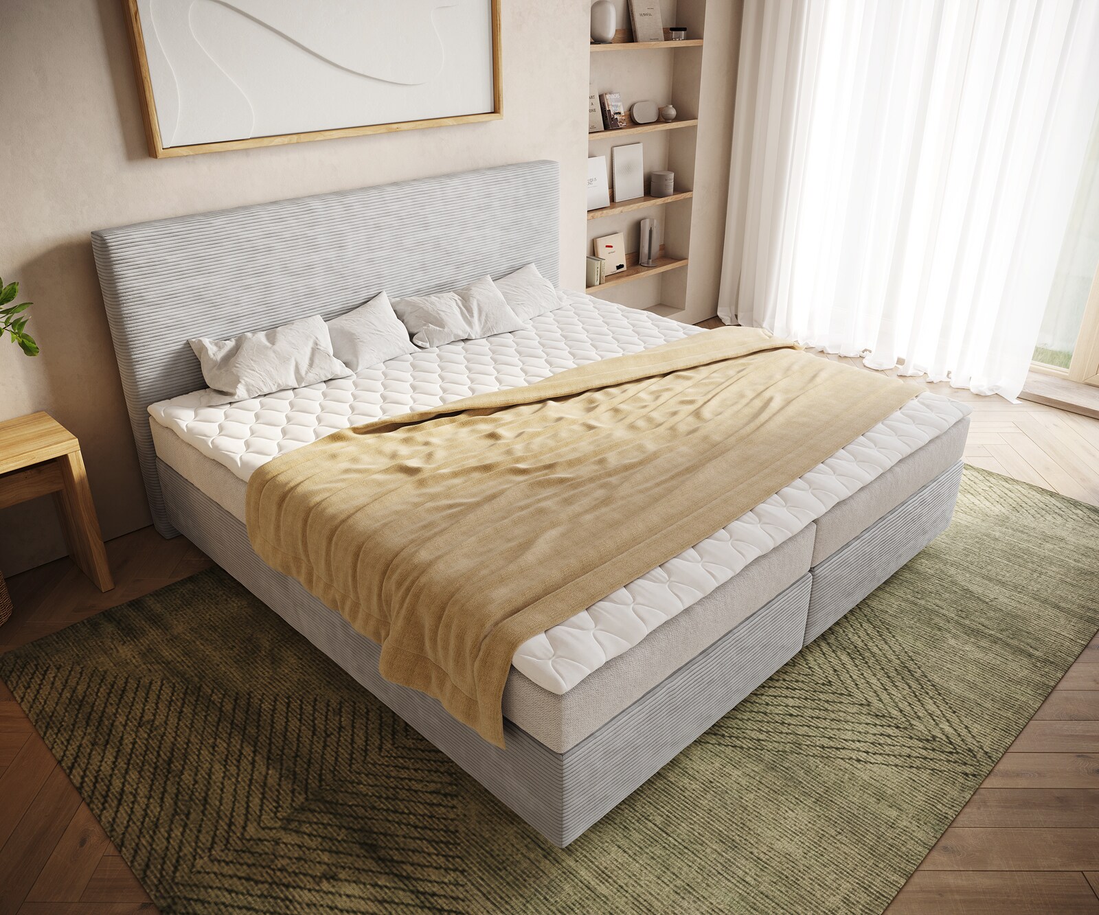 Lit-à-sommier-tapissier Dream-Well Velours côtelé gris argenté 200x200 cm Matelas Bonell PU-surmatelas  3