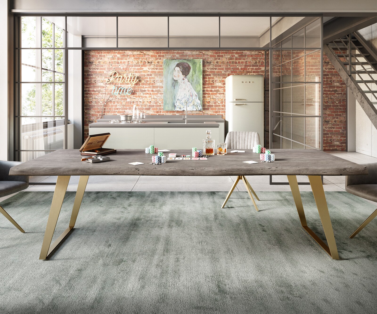 Esstisch Edge 260x100 XL Akazie Platin Edelstahl Gold Schräg Live-Edge 6