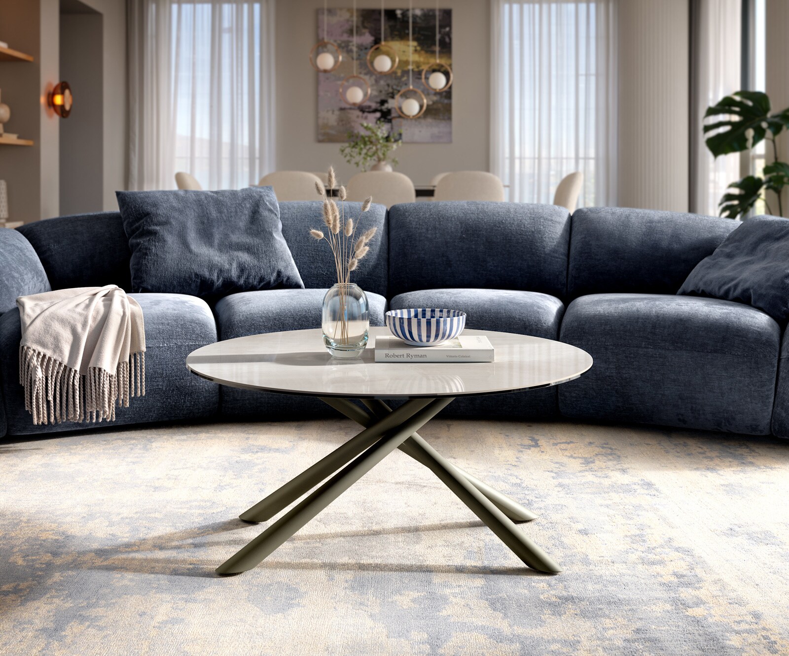 Table basse Edge ronde 90x90 cm céramique Onyx Champagne Sarity métal finition effet titane 2