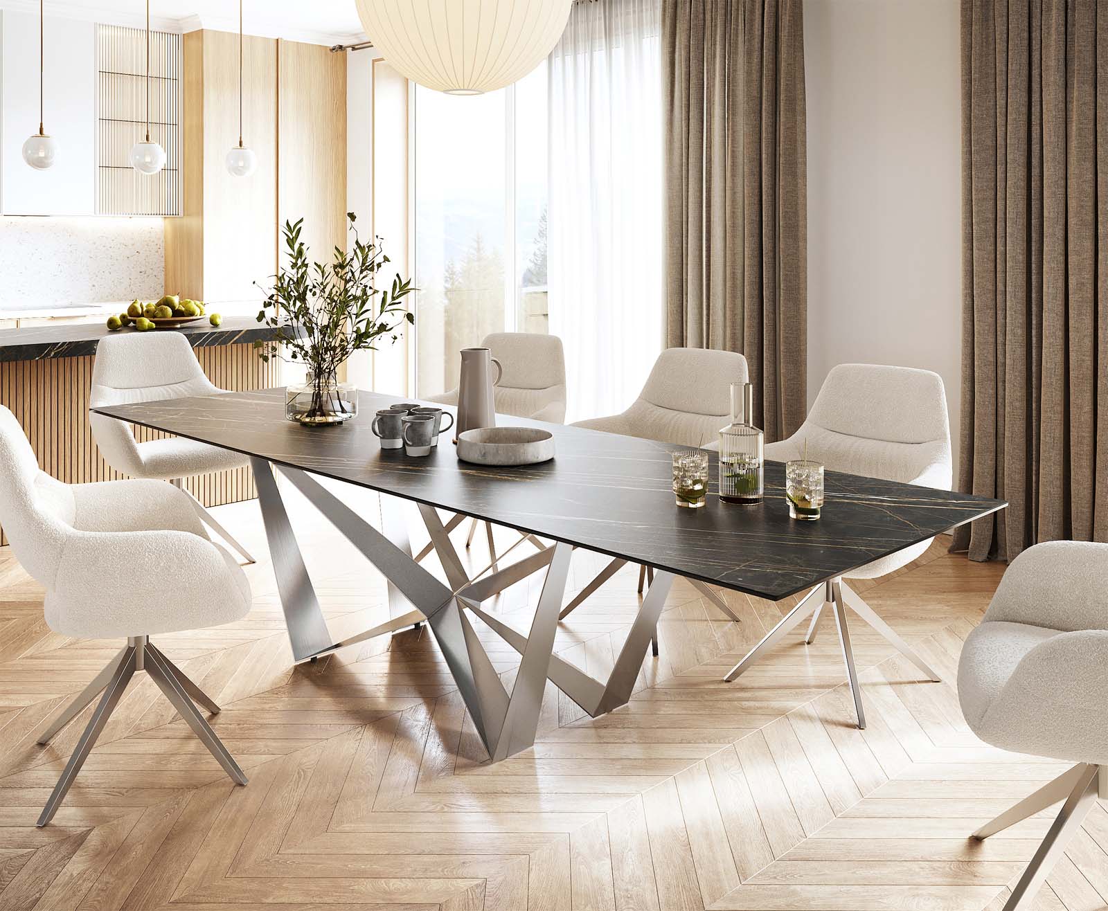 Table-à-manger Edge 300x100cm Laminam® céramique marron pieds milieu acier plat argent Table-à-manger Edge 300x100cm Laminam® céramique marron pieds milieu acier plat argent
