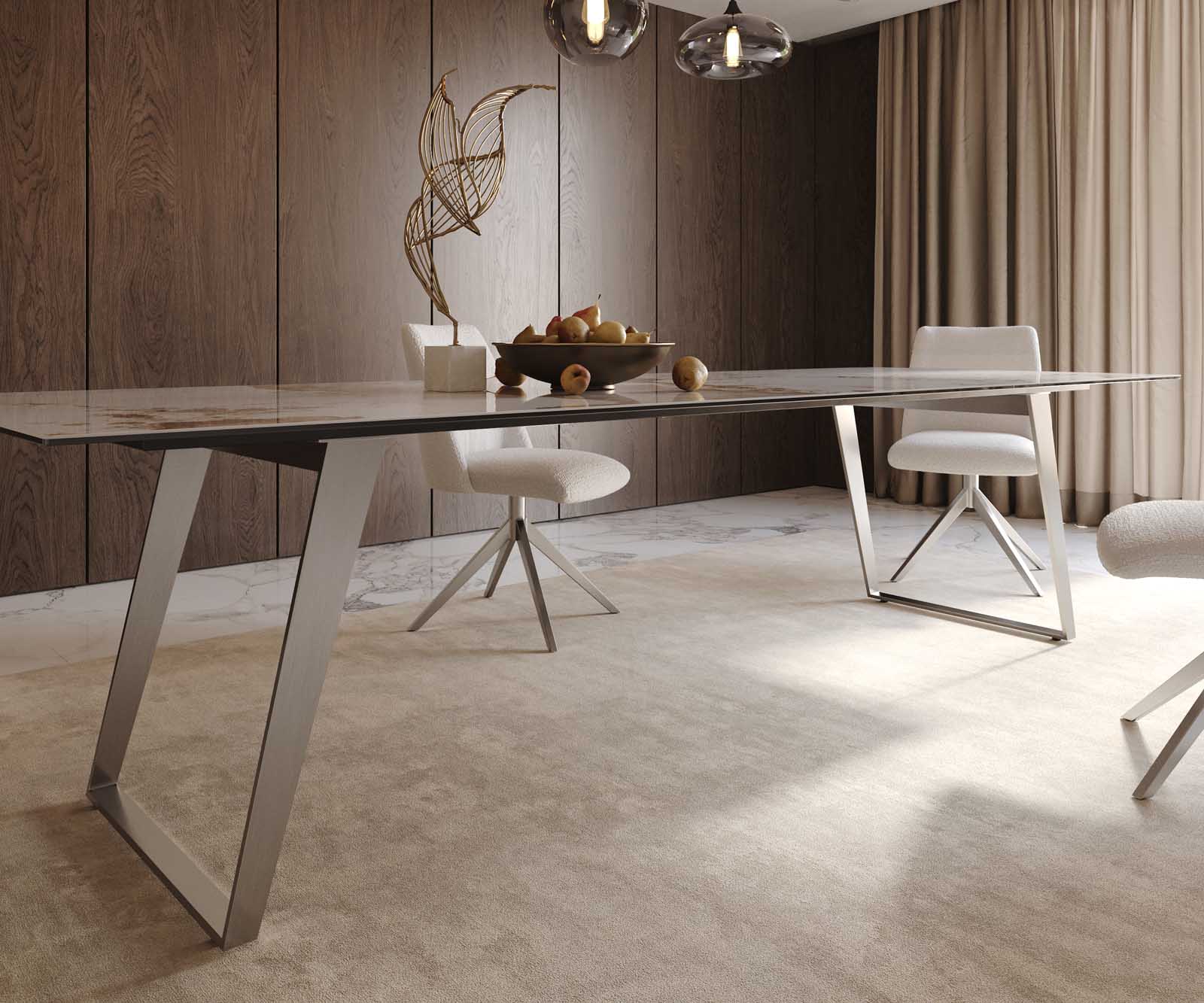 Esstisch Edge 300x100 Keramik Minas Melange Weiß-Beige Edelstahl Schräg 6 Esstisch Edge 300x100 Keramik Minas Melange Weiß-Beige Edelstahl Schräg 6