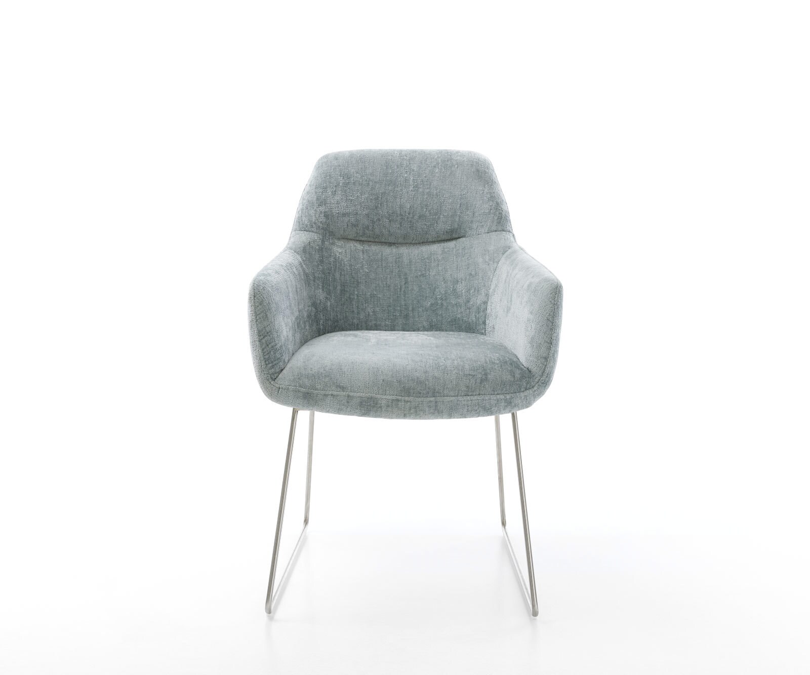 Chaise-de-salle-à-manger Pejo-Flex chenille bleu pastel pied trapèze acier inoxydable brossé ressorts ensachés 2