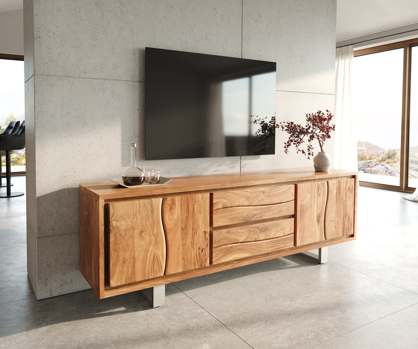 Meuble-TV Live-Edge 200 cm Acacia naturel 4 portes 2 tiroirs Meuble-TV Live-Edge 200 cm Acacia naturel 4 portes 2 tiroirs