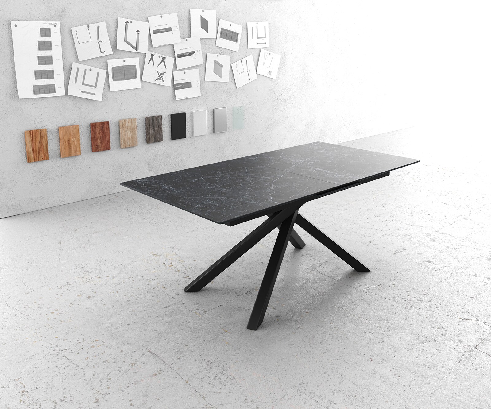 Esstisch Edge 180-220x100cm Keramik Laminam®Nero Greco Anthrazit Kreuzgestell Rechteck Schwarz ausziehbar 1