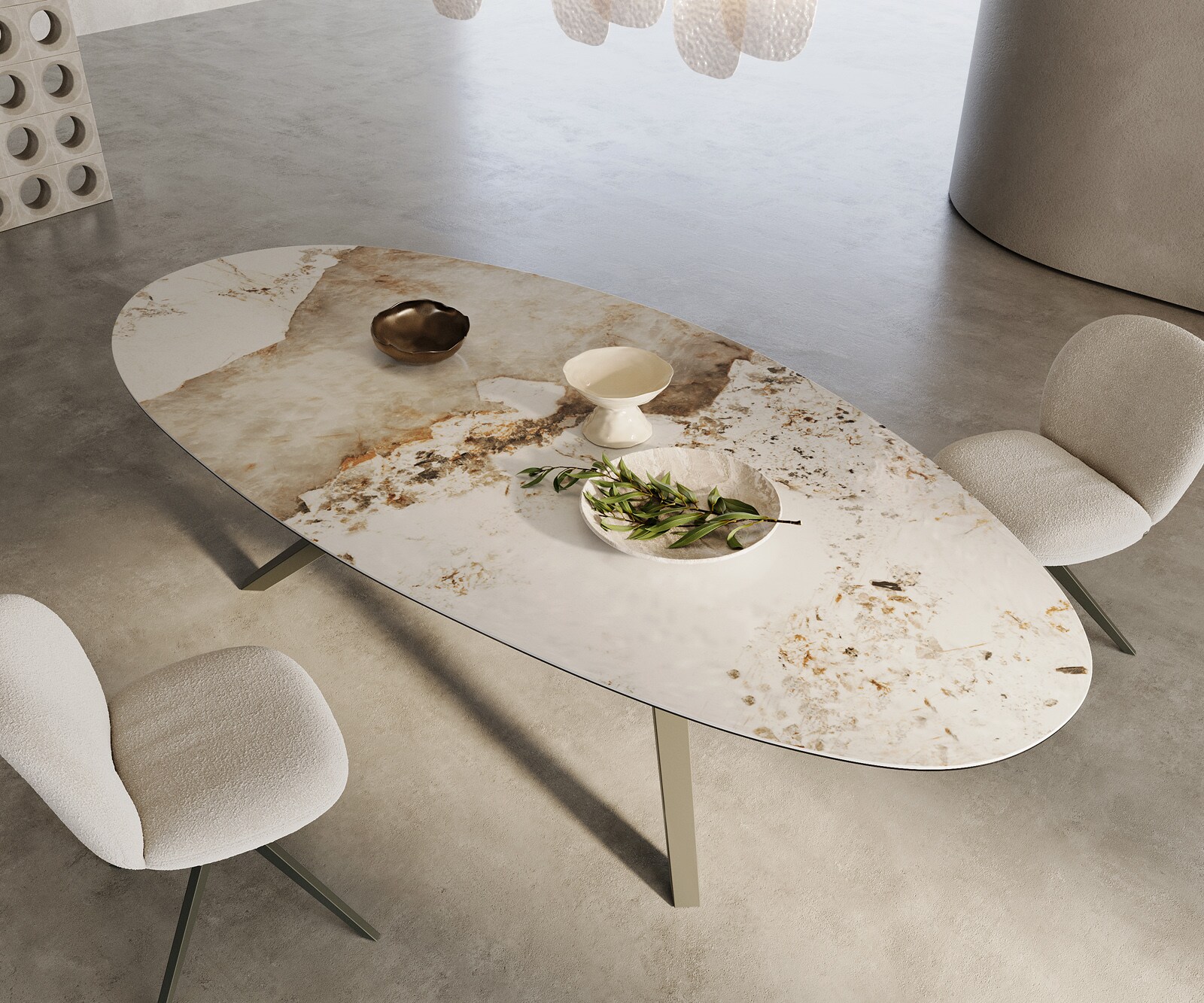 Table à manger Edge Ovale 280x130 Céramique Minas Melange Blanc-Beige Zenthara anguleux Métal finition à effet Titane 1