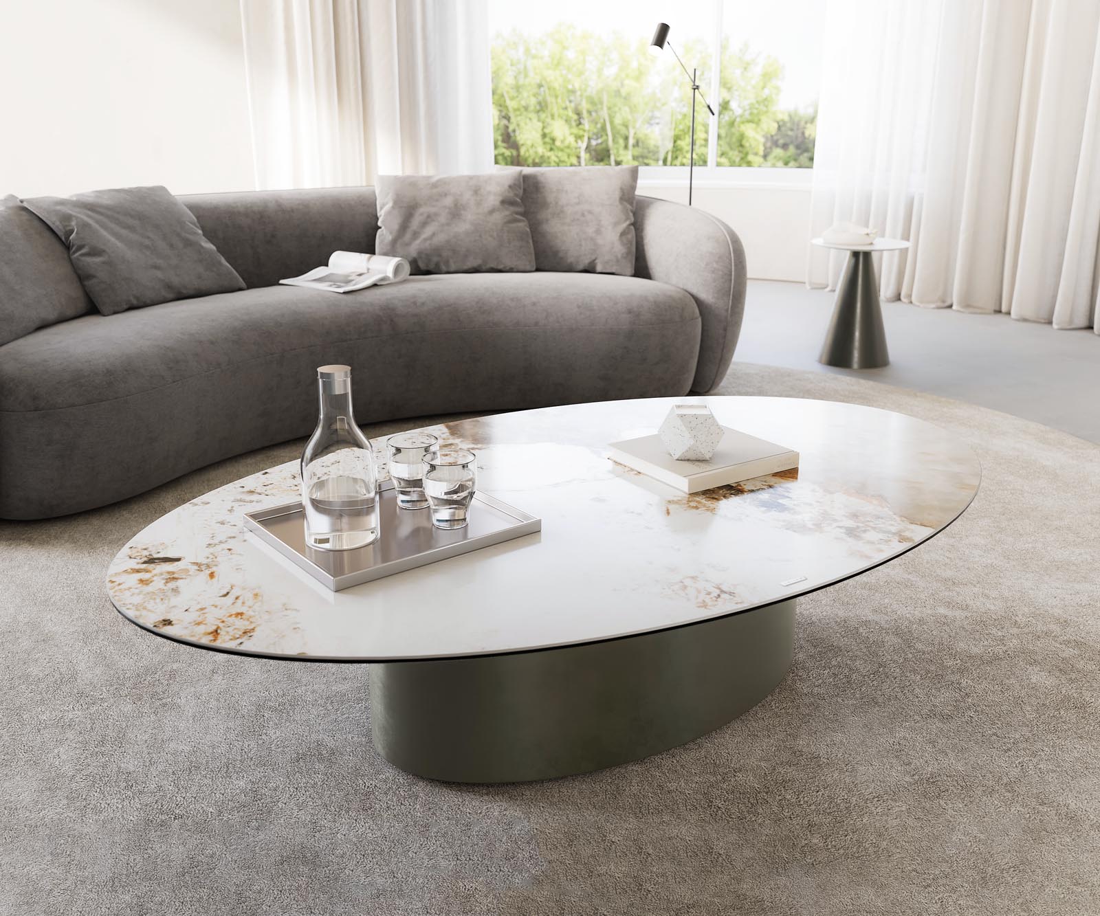 Table-basse Casilda 150x90 cm céramique Minas Melange blanc-beige pied central Finition à effet titane 1