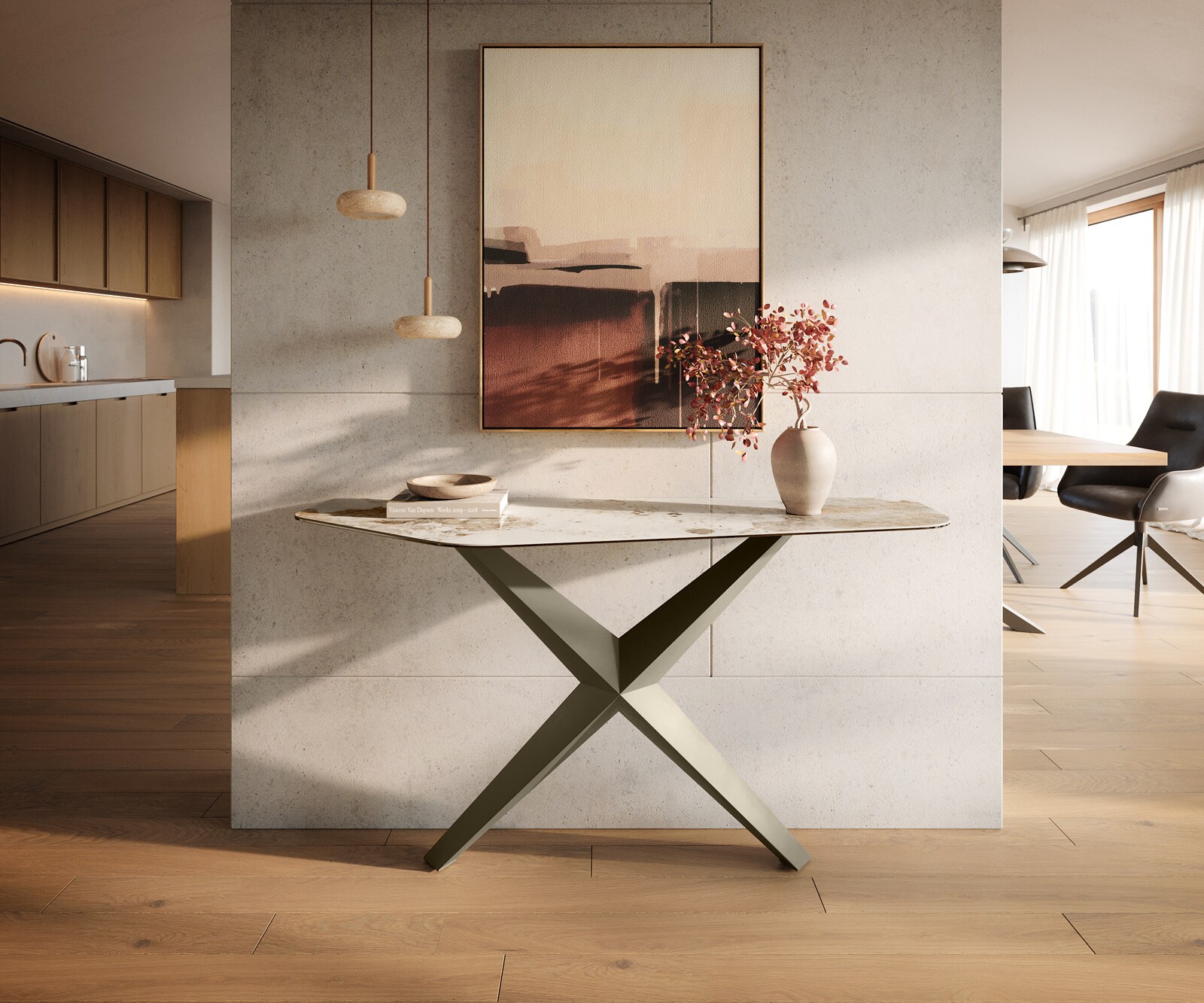 Console Edge Polygonal 140x50 cm Céramique Minas Melange Weiß-Beige Zentharo Métal Effektfinish Titan 1