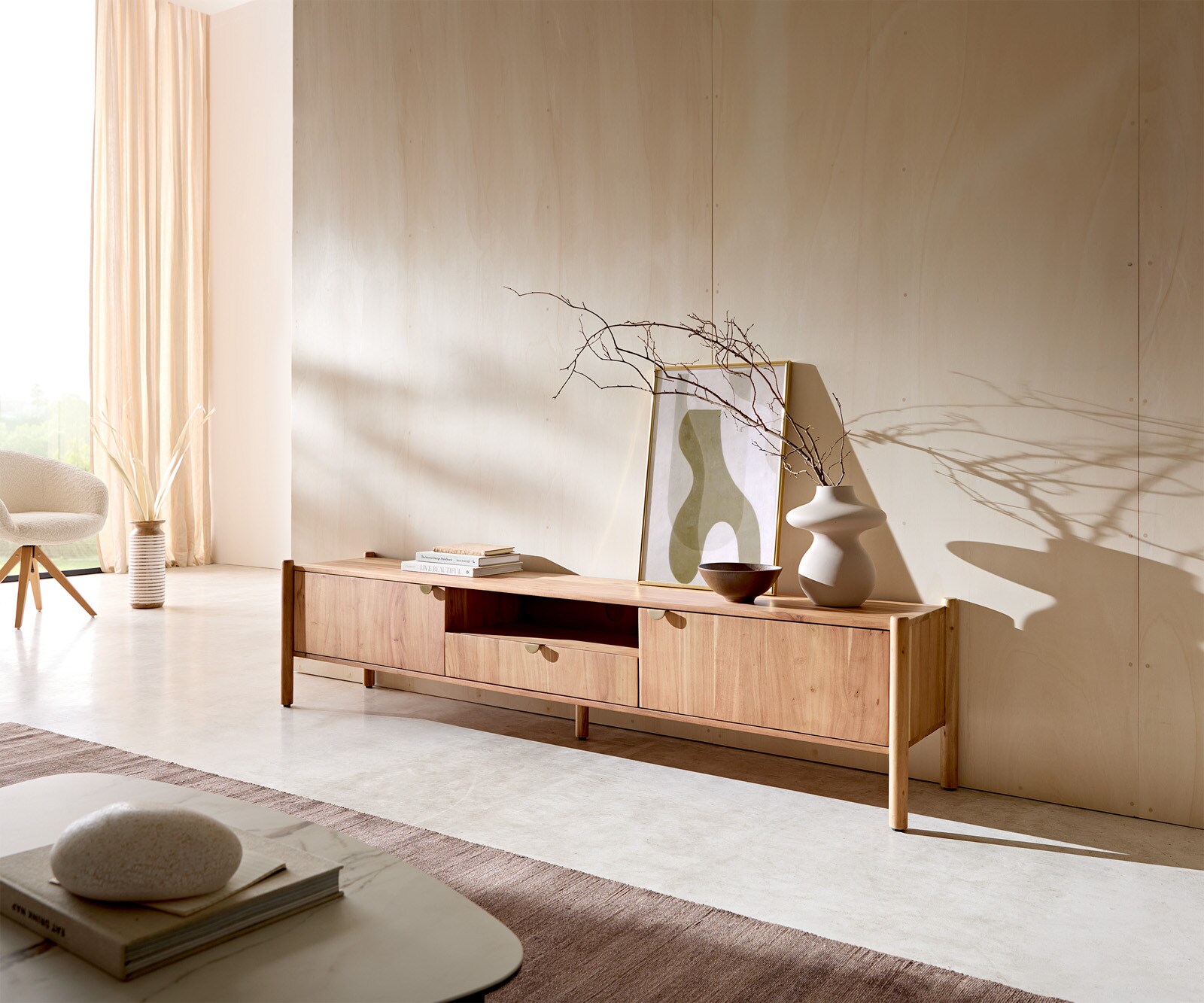 Meuble-TV  Caius 200 cm acacia Aura 2 portes 1 tiroir 1 compartiment 1