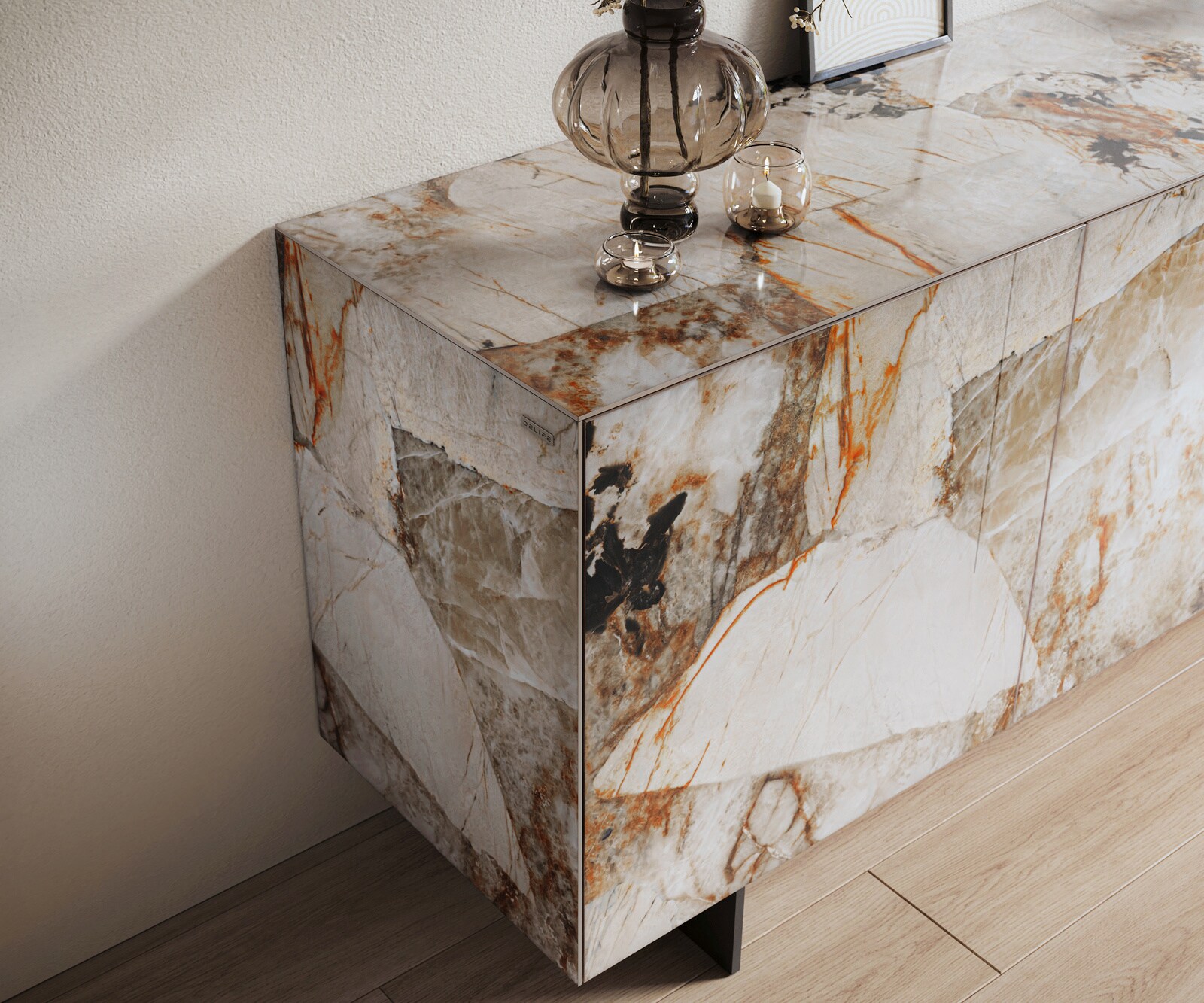 Sideboard Cuor 180 cm Keramik Patagonia Poliert 2 Türen 3 Schubfächer Fuß Schwebeoptik Metall Schwarz 6