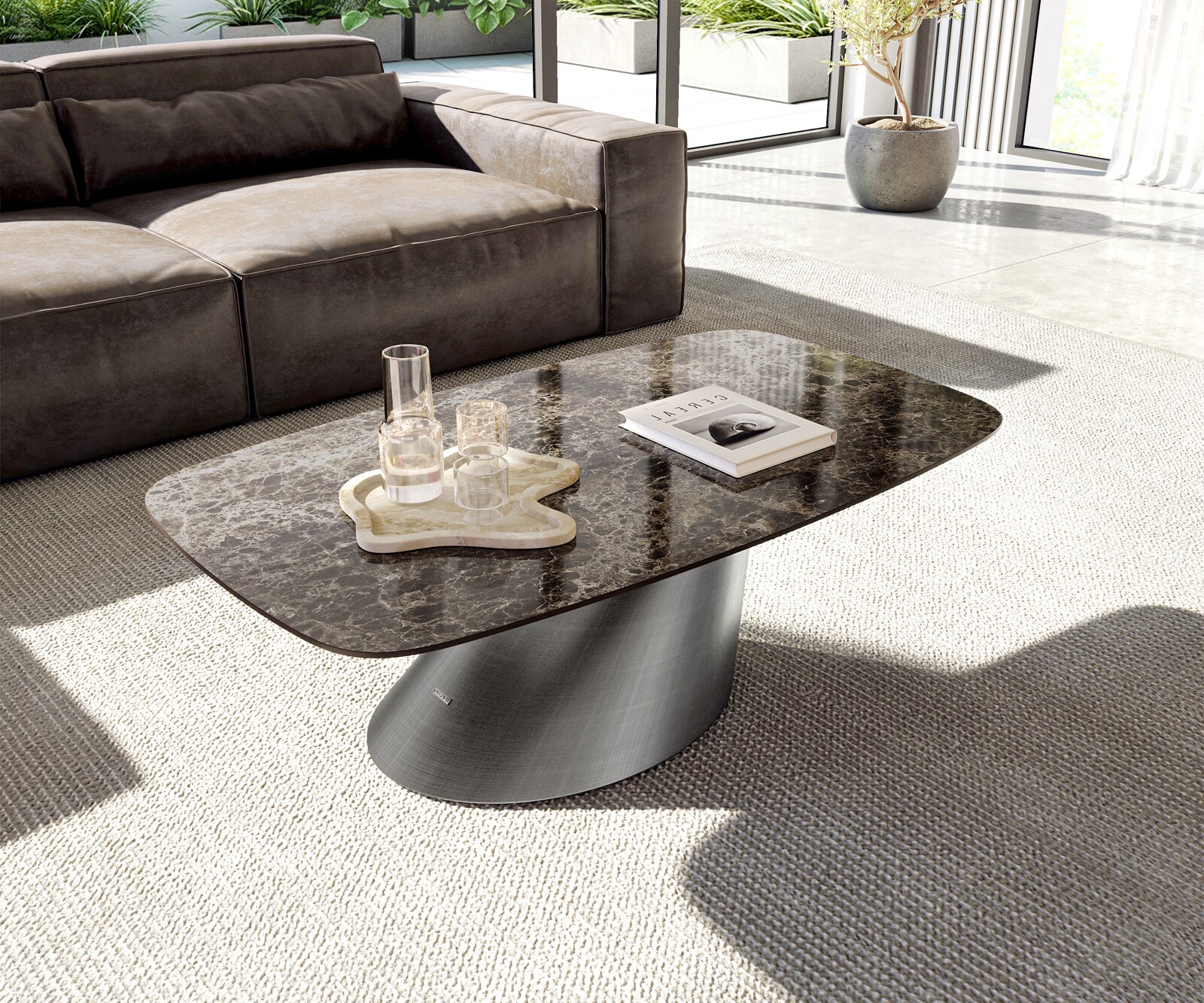 Couchtisch Edge Boot 120x70 cm Keramik Emperador Extra Lucidato Dunkelbraun Conis Metallic Silber