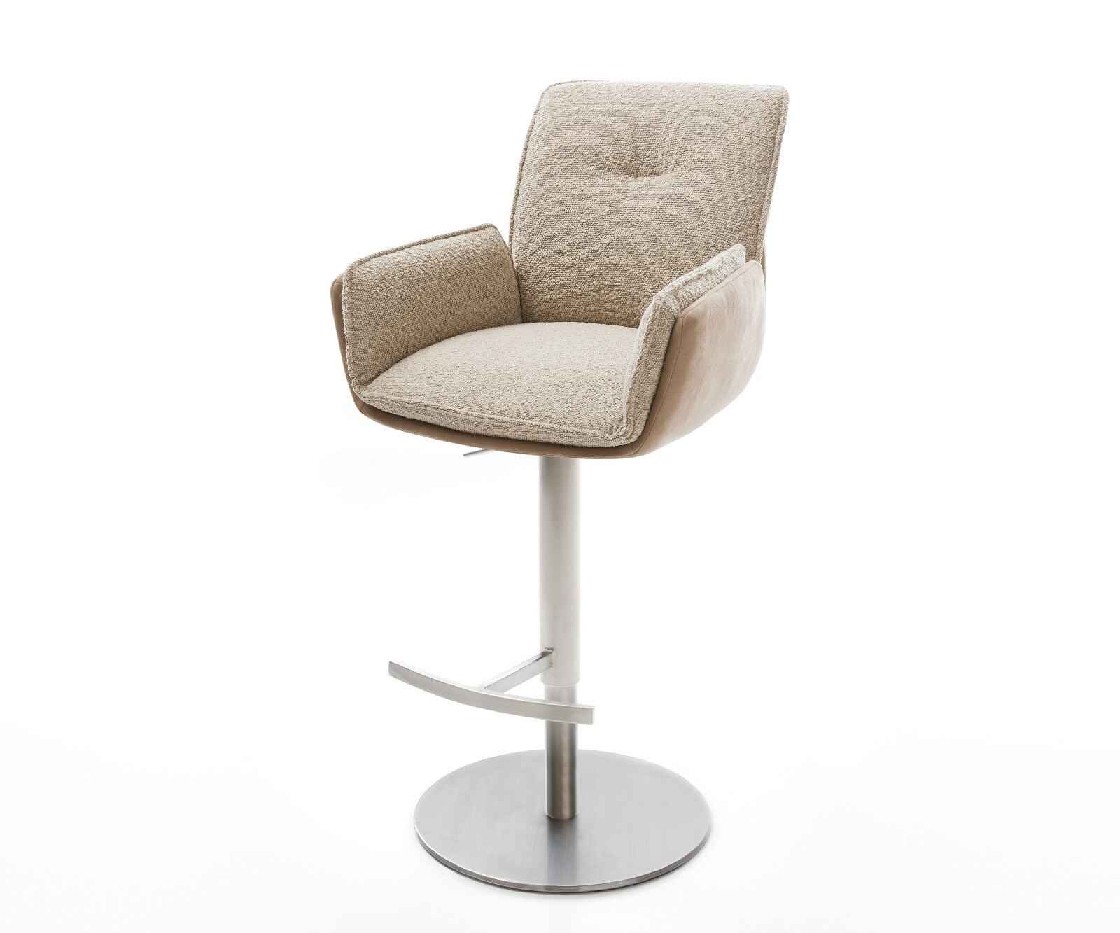 Chaise-de-bar Nela-Flex mélange de matériaux boue pied pivotant réglable en hauteur acier inoxydable pivotant ressorts ensachés