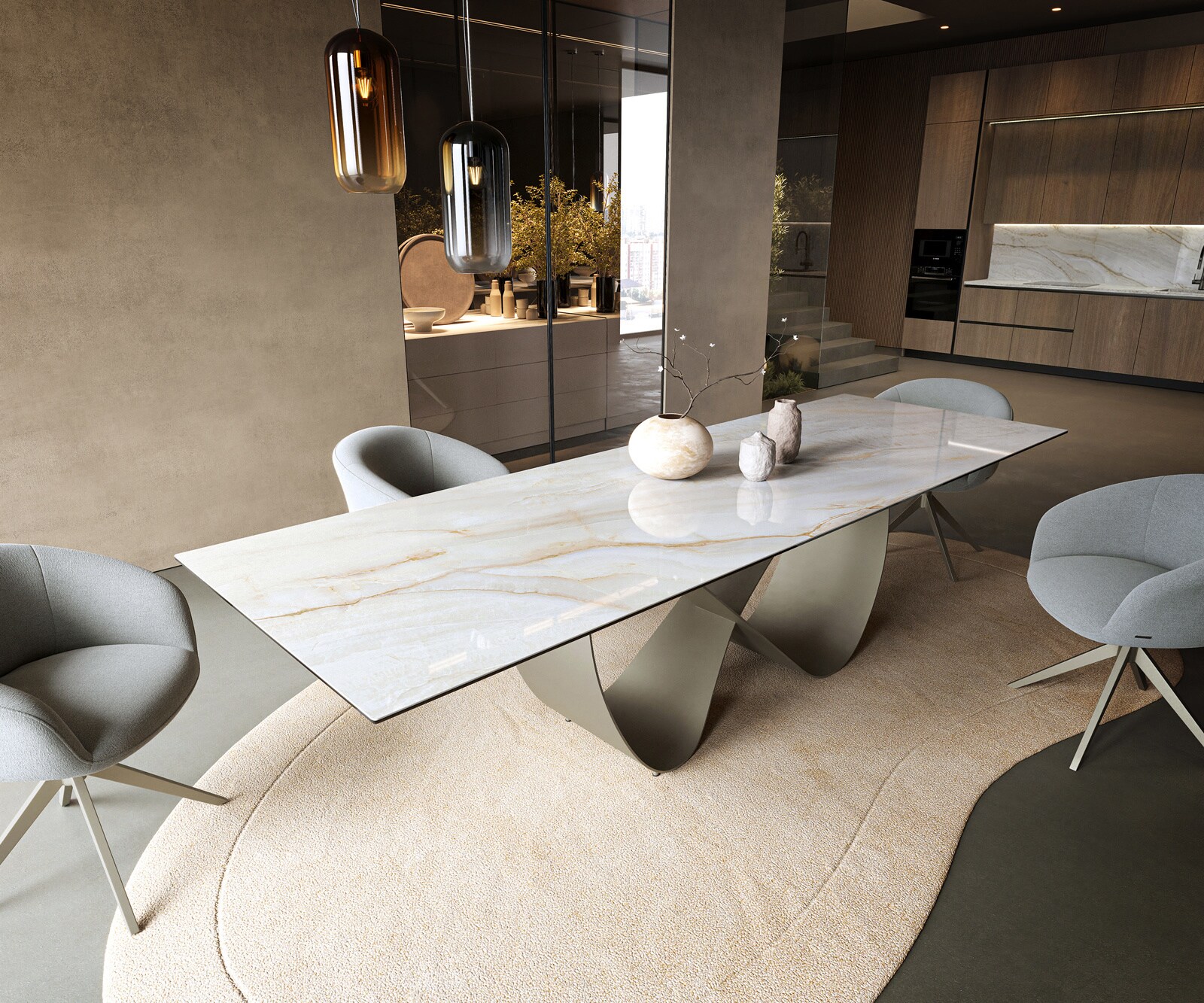 Esstisch Edge 300x100 cm Keramik Onyx Pearl Infinity Metall Effektfinish Titan